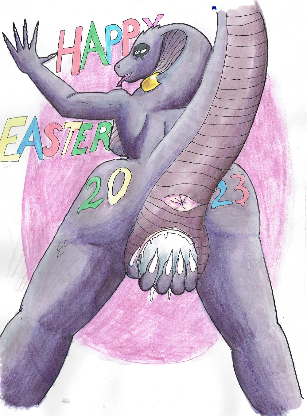 1girls anthro anus ass cobra easter2023 egg egg_laying female female_focus female_only genitals hi_res looking_back naked nude pussy pussy_juice pussy_juice_drip rear_veiw reptile scalie snake solo tasha traditionalart