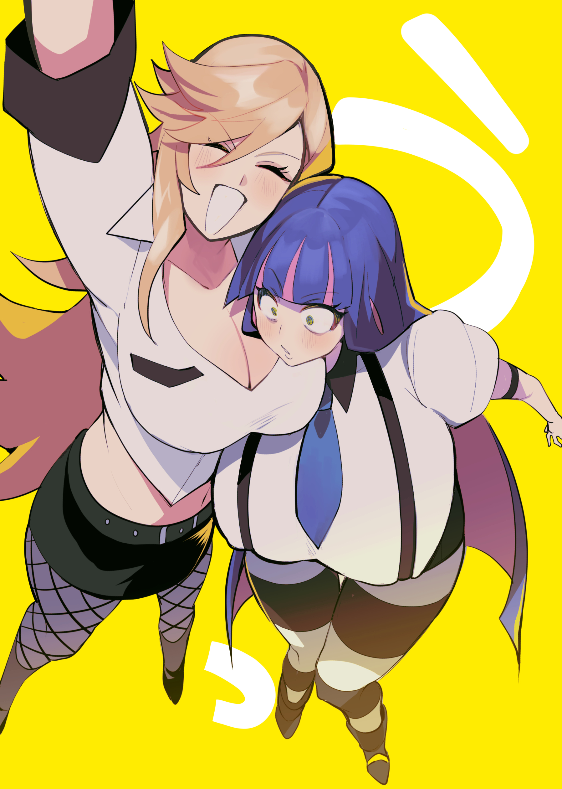 2023, 2girls, big breasts, blonde female, blonde hair, blush, breasts, busty, cleavage, closed eyes, eyes wide open, female, female only, fully clothed, heels, hi res, high heels, high resolution, highres, large breasts, long hair, midriff, necktie, panty & stocking with garterbelt, panty anarchy, pink hair, purple hair, standing, stocking anarchy, stockings, tagme (artist), thick thighs, top heavy, two-tone hair, very long hair, yellow background