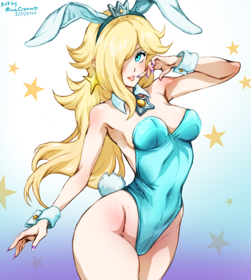 1girls, alternate costume, blonde hair, blue eyes, bunny ears, bunny girl, bunny tail, bunnysuit, earrings, female, female only, long hair, looking at viewer, mario (series), minacream, nintendo, one eye obstructed, princess rosalina, solo, super mario galaxy, tail