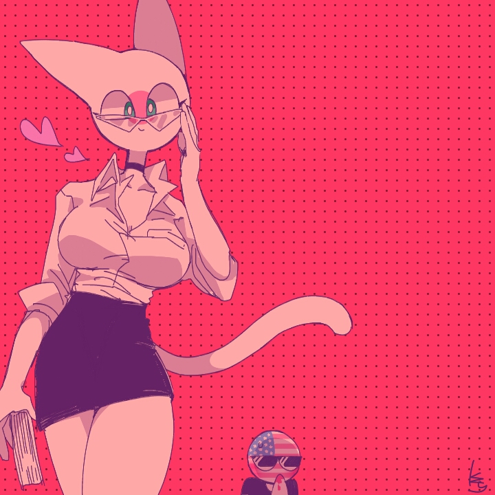 1girls, animal ear, animal tail, big breasts, breasts, cat ears, cat girl, cat tail, catgirl, clothing, countryhumans, countryhumans girl, female, female only, glasses, heart, japan (countryhumans), kuzuyu (artist), pink background, simple background, tail, united states of america (countryhumans), white body, white skin