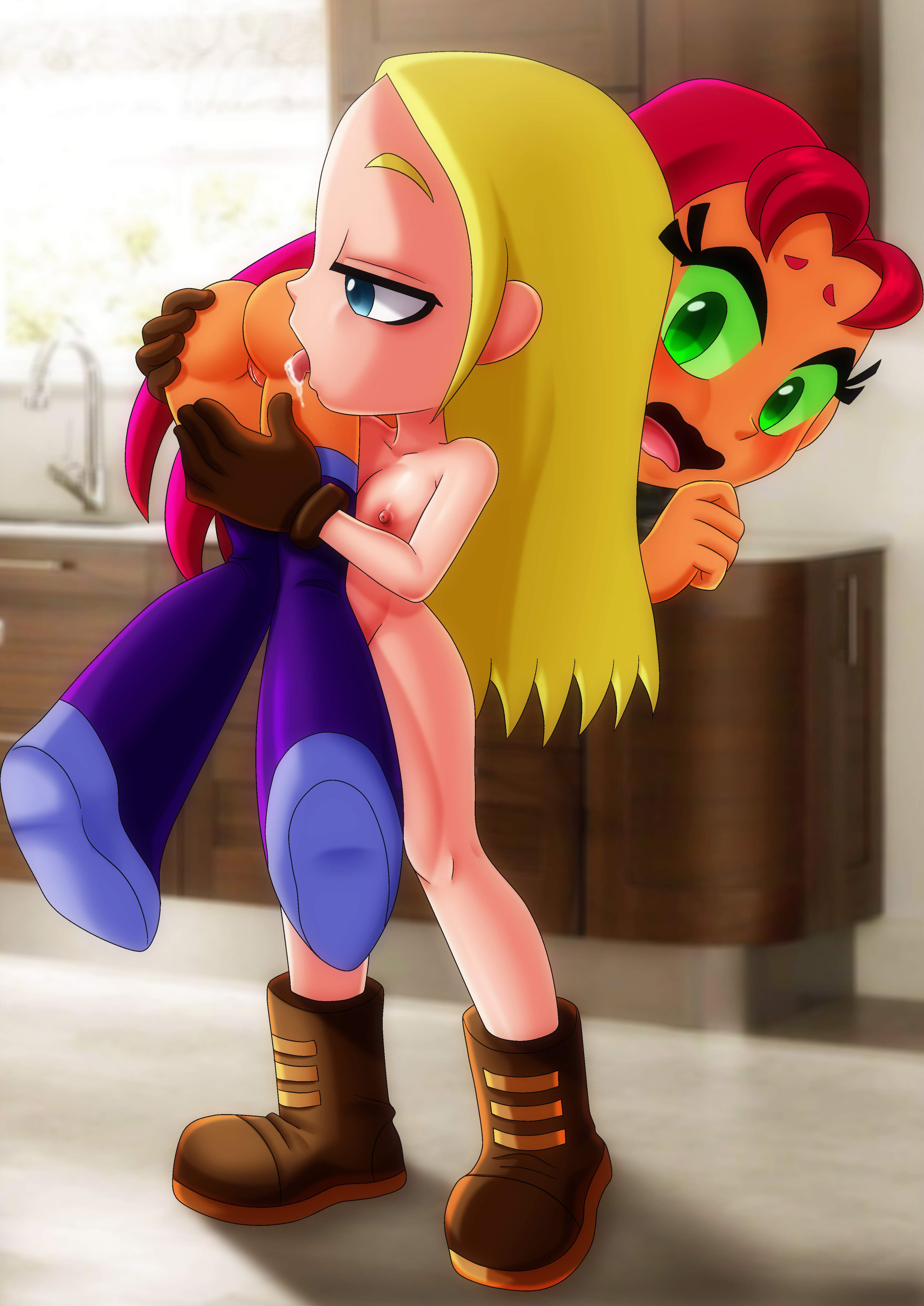 2girls, ass, bbmbbf, boots, boots only, breasts, dc, dc comics, exposed torso, female, female only, female/female, footwear, handwear, human, licking, licking ass, multiple females, multiple girls, nude, open mouth, palcomix, pale skin, pussy, starfire, teen titans, teen titans go, terra (dc), tongue, tongue out, yuri