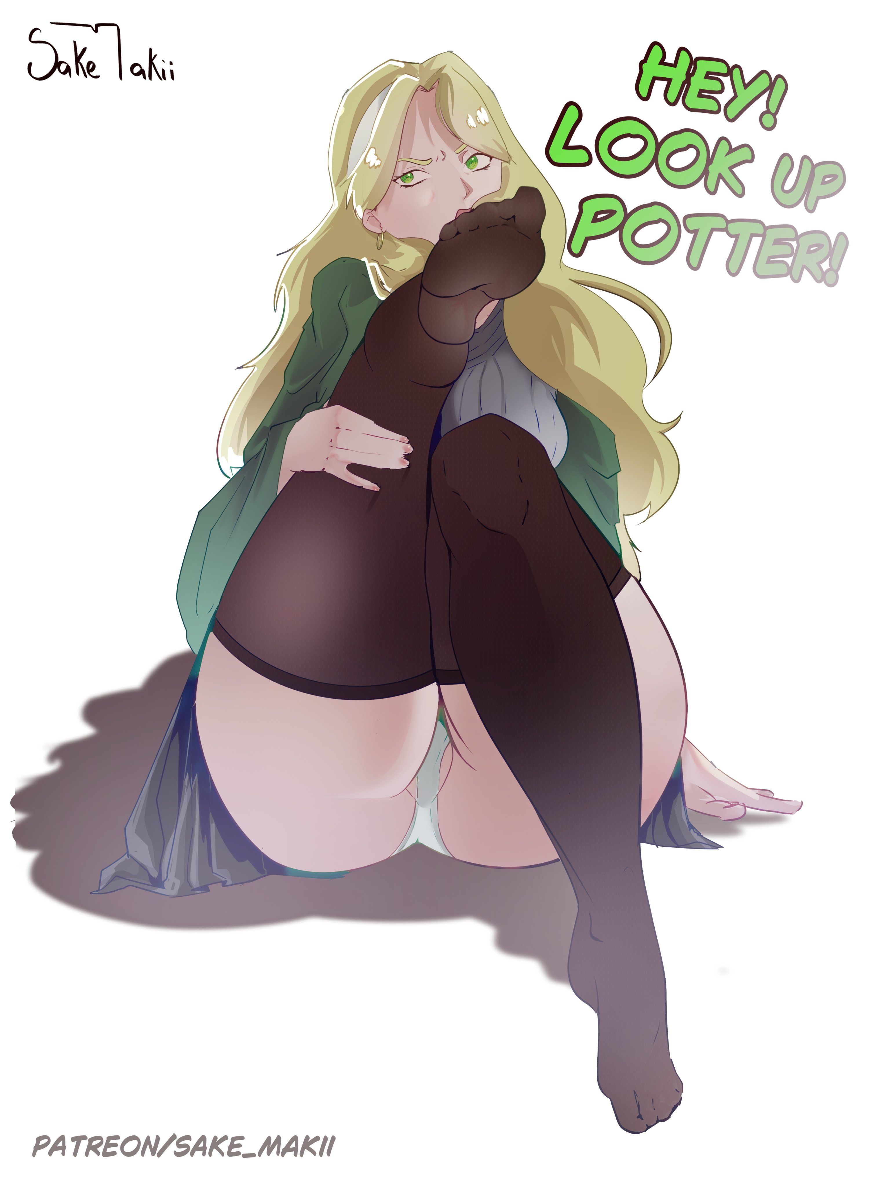 big ass, big butt, big thighs, big tits, big titties, blonde hair, clothing, curvy, curvy figure, curvy hips, draco malfoy, draco malfoy (redteneri), english text, female, female focus, female only, green eyes, harry potter, harry potter (series), long hair, long socks, panties, pantyshot, rule 63, sake makii, school uniform, schoolgirl, schoolgirl uniform, skirt, stockings, text, thighhighs, underwear, wizarding world, yellow hair