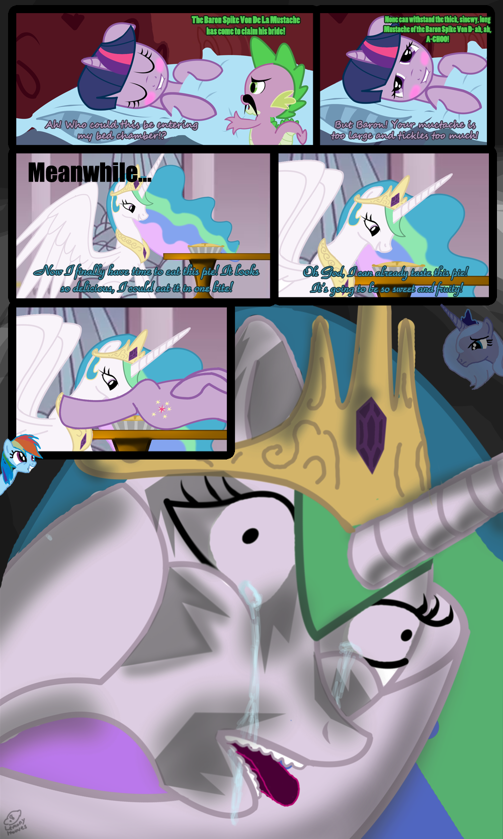 bed blanket blue_hair crown dragon english_text equine female friendship_is_magic green_eyes hair horns horse humor male moustache my_little_pony pie pink_eyes pony princess_celestia_(mlp) princess_luna_(mlp) purple_eyes rainbow_dash_(mlp) rainbow_hair spike_(mlp) straight_hair table text twilight_sparkle_(mlp) two_tone_hair wtf_face