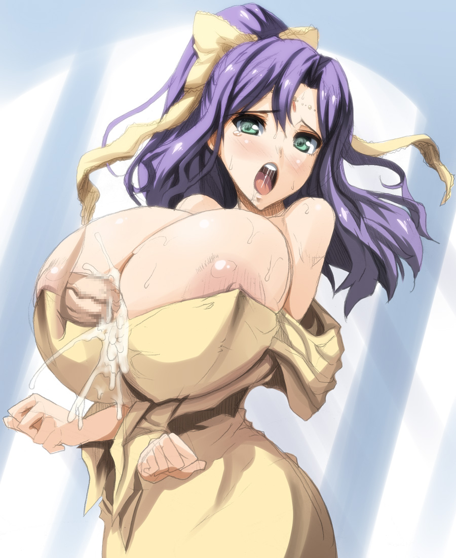 areola slip, areolae, big breasts, breast squeeze, breasts, bursting breasts, censored, cum, ejaculation, erect nipples, faris scherwiz, female, final fantasy, final fantasy five, final fantasy v, gigantic breasts, huge breasts, human, kloah, large areolae, male, nipples, open mouth, paizuri, penis, purple hair, saliva, straight, sweat, tongue, veins