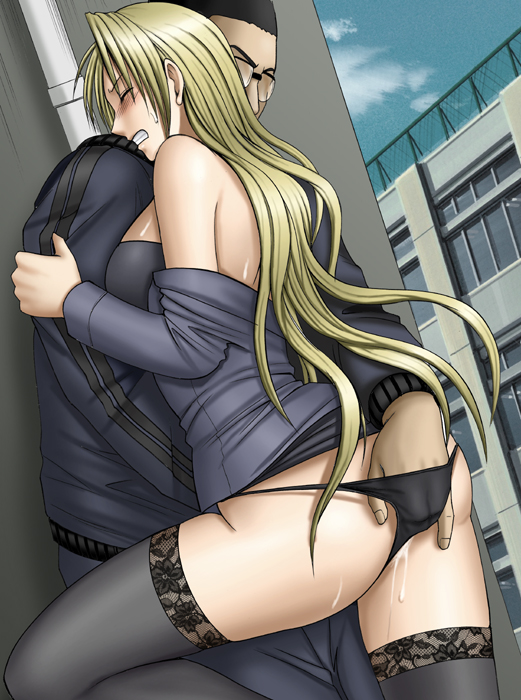 black_cat_(series) black_panties black_thong blonde_hair blush clenched_teeth crimson_comics fingering hand_in_panties long_hair panties pussy_juice rape sefiria_arks thighhighs thong underwear