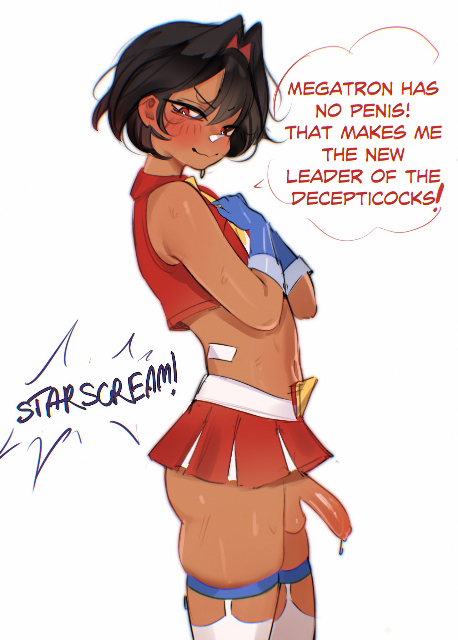 1boy, adramallih, black hair, cock out, crossdressing, dark skin, dark-skinned femboy, dark-skinned male, femboy, leaking precum, penis, red eyes, short hair, skirt, solo, solo male