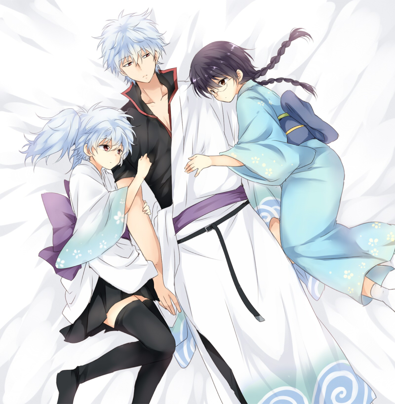 1boy 2girls arm_hug bed black_hair black_legwear braided_hair braids brown_eyes dual_persona gintama gintoki_sakata glasses japanese_clothes kimono long_hair lying multiple_girls obi on_bed paako punchiki red_eyes rule_63 shimura_shinpachi short_hair silver_hair thighhighs tied_hair twin_braids twintails zettai_ryouiki