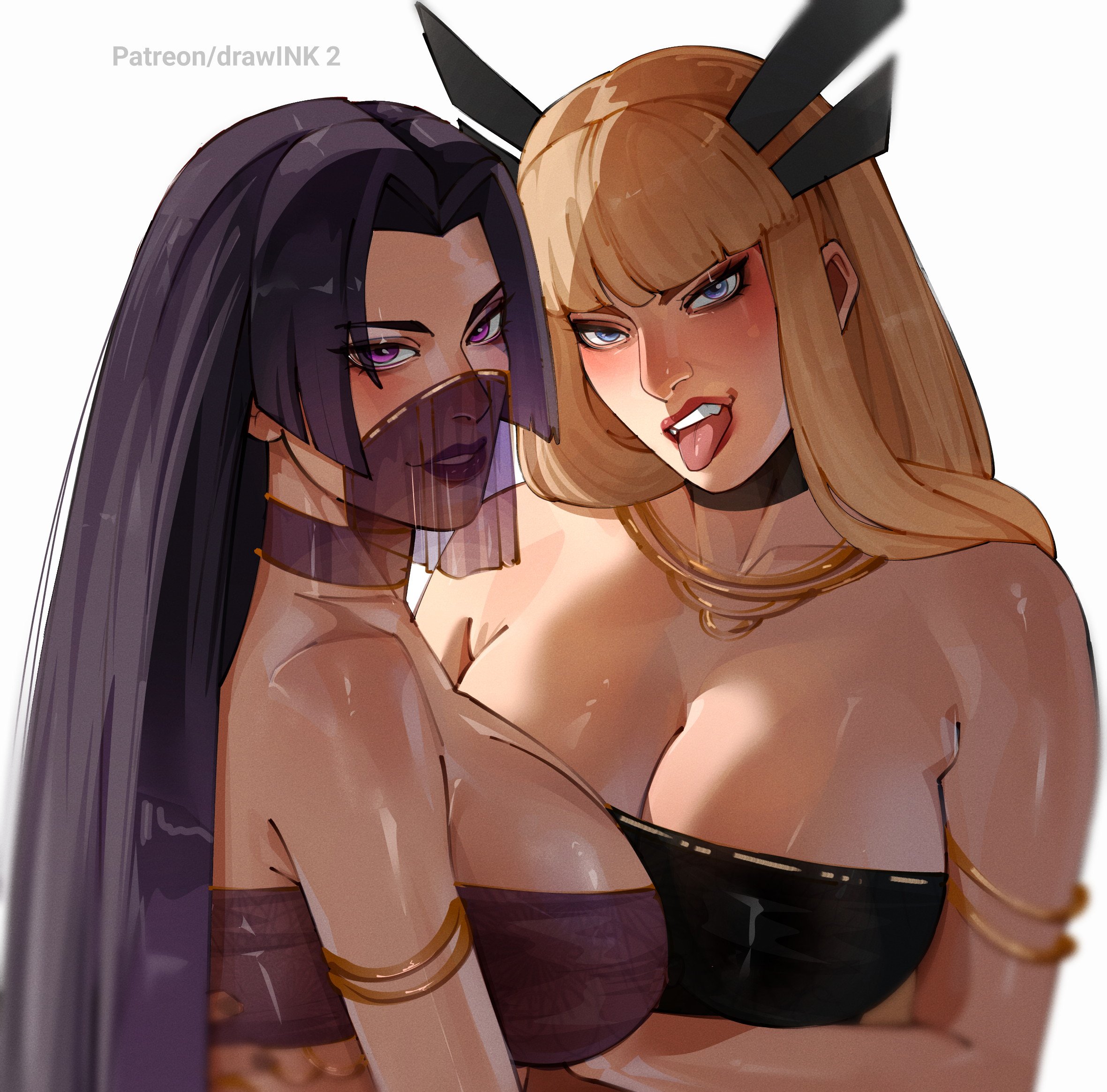 2girls, big breasts, blonde hair, breast press, breasts, breasts to breasts, cleavage, drawink, female, female only, hugging, magik (illyana rasputin), magik (marvel rivals), marvel, marvel rivals, psylocke, psylocke (marvel rivals), psylocke (sai) (vengeance), tongue, tongue out, veil, x-men
