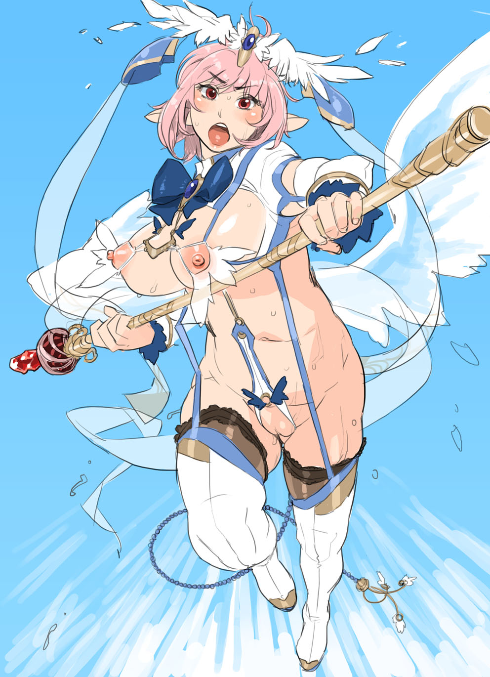 1girls breasts destiny_(ishida) elf erect_nipples female highres large_breasts mama_(artist) nippleless_clothes nippleless_clothing nipples original pink_hair pointy_ears pussy red_eyes revealing_clothes scepter sky solo staff sweat thigh_boots thighhighs uncensored wings