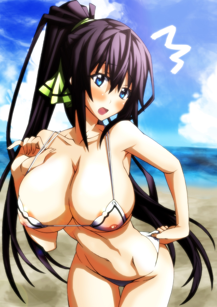 areola beach big_breasts bikini blush breasts cleavage erect_nipples huge_breasts infinite_stratos large_breasts long_hair micro_bikini nipples ocean partially_visible_nipples ponytail see-through shinonono_houki slender_waist string_bikini surprised swimsuit tied_hair wamwam water