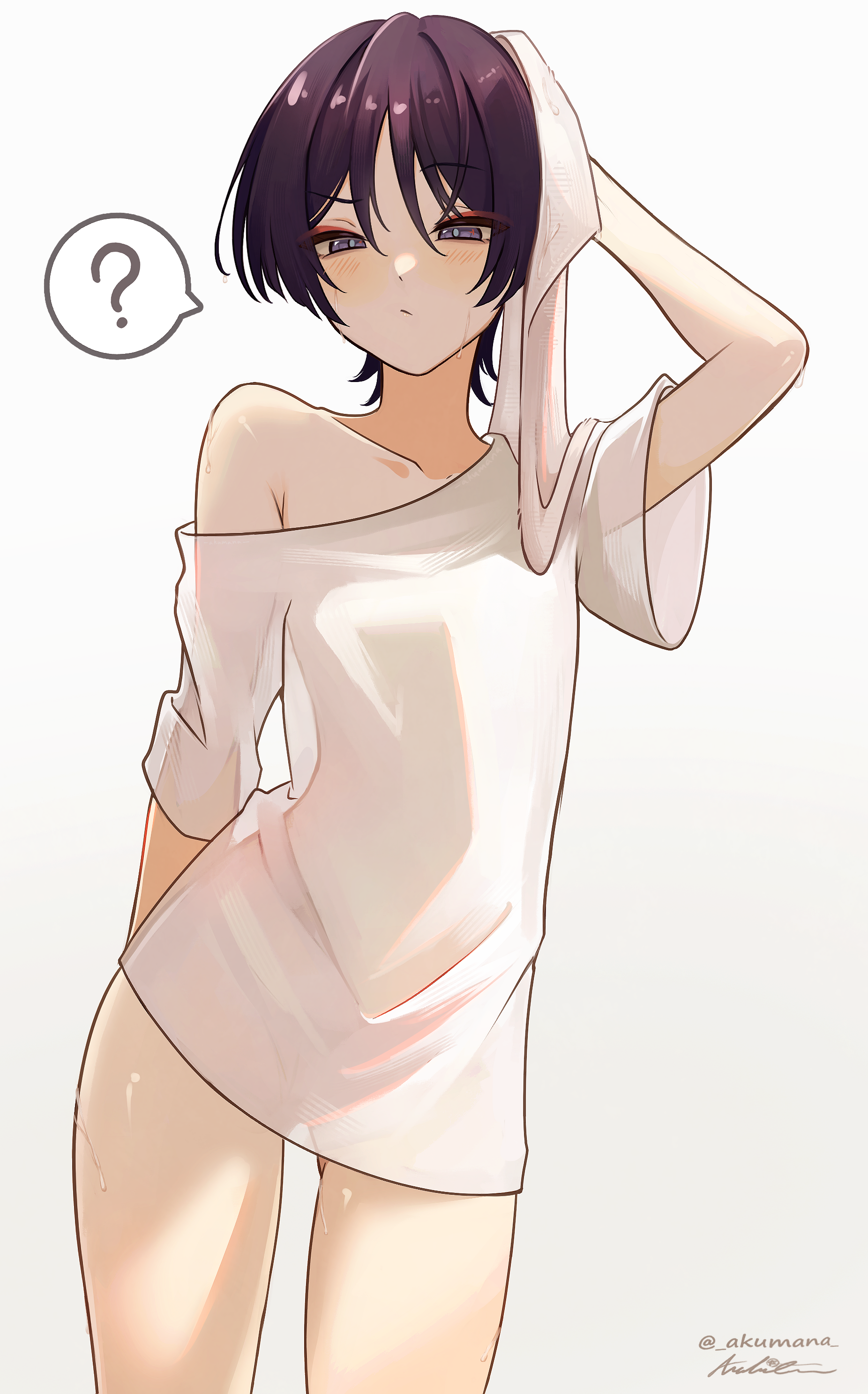 1boy, 2025, 2d, akumana, androgynous, black hair, femboy, genshin impact, highres, intersex, light-skinned male, male, question mark, scaramouche (genshin impact), seductive, see-through clothing, sexy, shirt only, shower, slim, solo, tagme, thighs, wet, wet body, white shirt, wolfcut