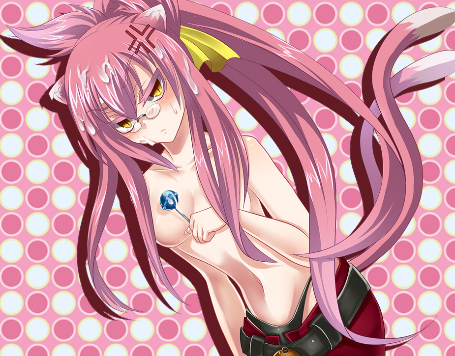 1girls angry animal_ears bare_shoulders bell belt black_panties blazblue blush breasts bukkake candy cat_ears cat_eyes cat_tail convenient_censoring cum cum_on_food cum_on_hair facial female food glasses kokonoe lollipop long_hair midriff multiple_tails navel panties pants pink_background pink_hair ponytail ribbon shirtless slit_pupils solo sweatdrop tail tied_hair topless underwear yellow_eyes yellow_ribbon