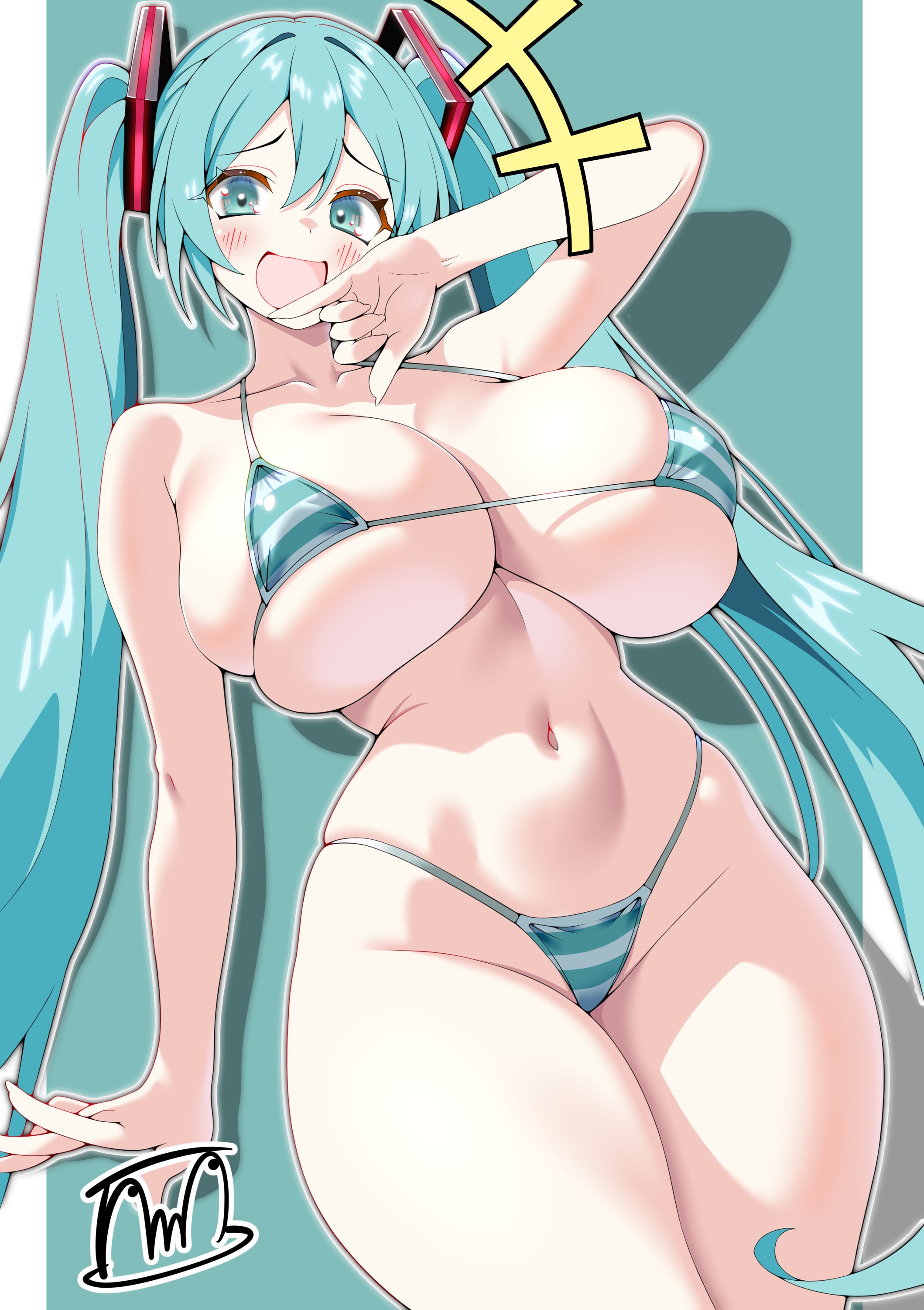 1girls, abdomen, aqua eyes, bikini, blue hair, blush, boobs, cleavage, curvy, cyan eyes, cyan hair, female, female only, fringe, hand in mouth, hatsune miku, hatsune miku (collared bikini), hi res, hips, huge breasts, large breasts, laugh, light skin, long hair, looking at viewer, mature body, micro bikini, navel, one arm up, open mouth, pale skin, pose, singer, smile, solo, standing, tama amata, thighs, twintails, vocaloid, voluptuous, voluptuous female, wide hips, younger female