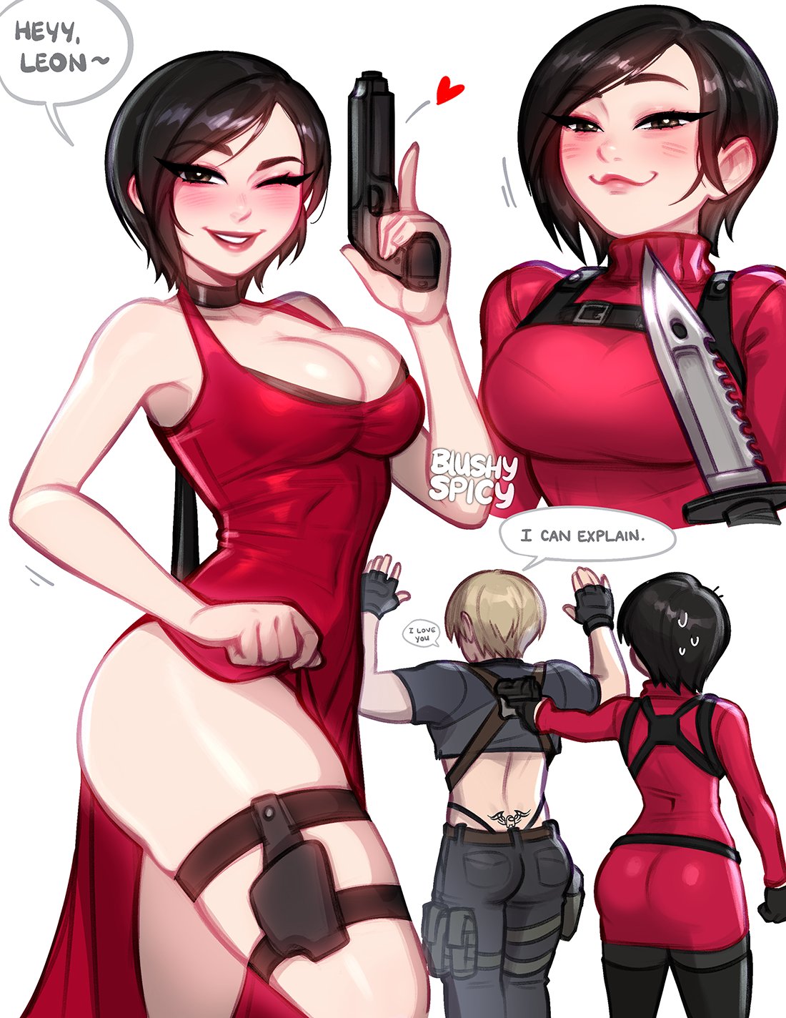 1boy 1girls ada_wong ada_wong_(adriana) amogus amogus_reference among_us among_us_reference biohazard black_hair blush blushypixy blushyspicy bra_peek brown_eyes capcom choker cleavage collar cowboy_shot dialogue dress english english_text female_focus form_fitting gun harness high_slit_dress i_love_you implied_male implied_motion knife leg_holster leon_scott_kennedy lipstick looking_at_viewer lower_back_tattoo medium_breasts meme motion_lines one_eye_closed pixie_cut red_dress red_sweater resident_evil resident_evil_4 resident_evil_4_remake ruined_reputation seductive seductive_look short_hair slight_blush speech speech_bubble spoken_heart sweat sweater sweater_dress talking talking_to_viewer tattoo text text_bubble thigh_boots thighhigh_boots thong tight_clothing tramp_stamp turtleneck turtleneck_sweater watermark white_background wink