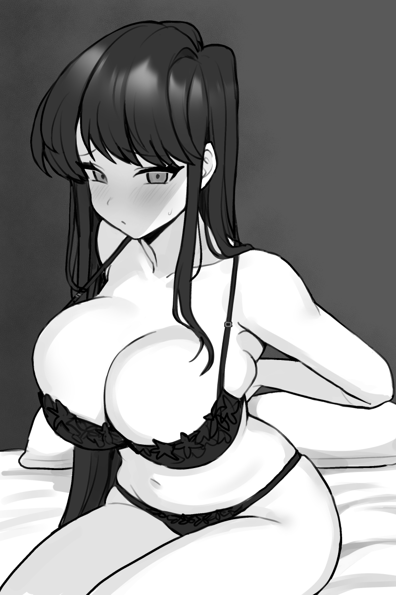 1girls big_breasts blush breasts female female_only huge_breasts jorin komi-san_wa_komyushou_desu komi_shouko large_breasts lingerie monochrome navel sitting solo solo_female thick_thighs thighs underwear