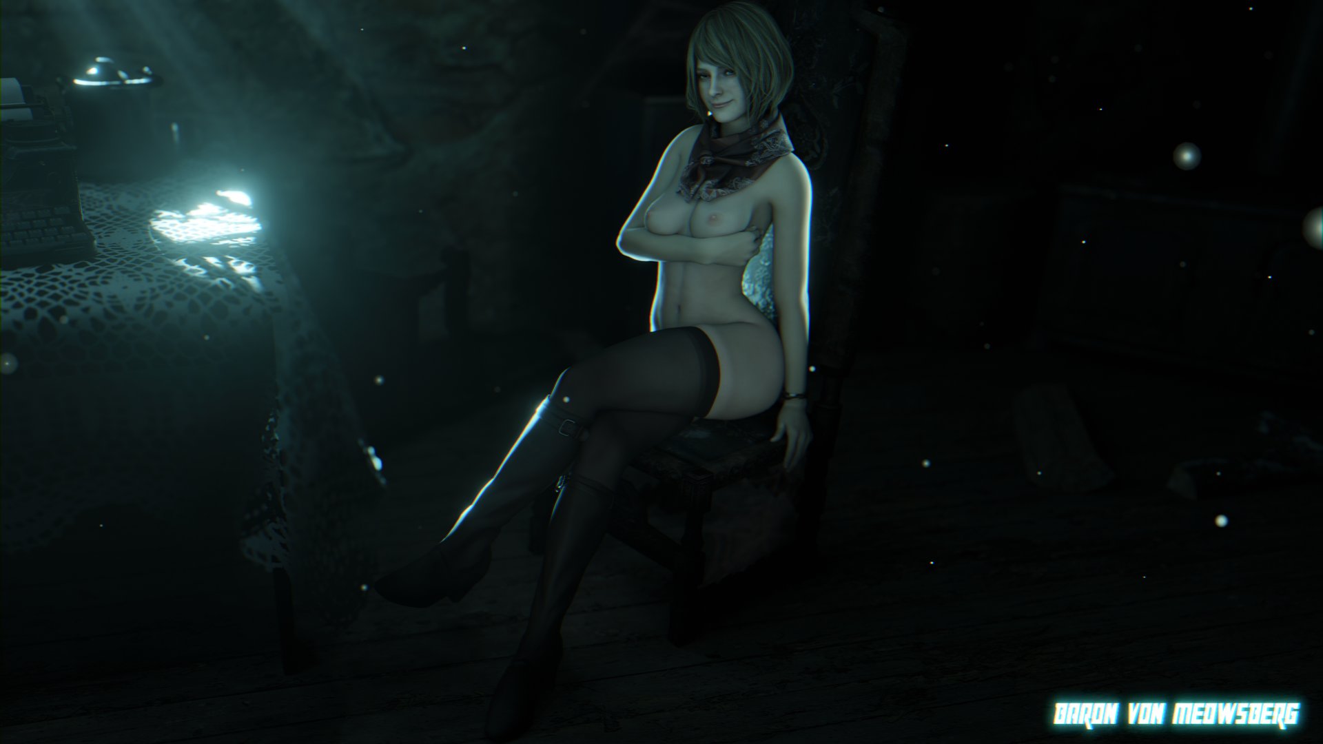 1girls, 3d, american, aqua eyes, ashley graham, ashley graham (ella freya), baron von meowsberg, blender, blonde hair, blue eyes, breasts, capcom, cute, female, green eyes, light skin, light-skinned female, looking at viewer, medium breasts, medium hair, night, petite, resident evil, resident evil 4, resident evil 4 remake, scarf, seat, slim, smile, stockings, teeth, thick thighs, thighhighs, thighs