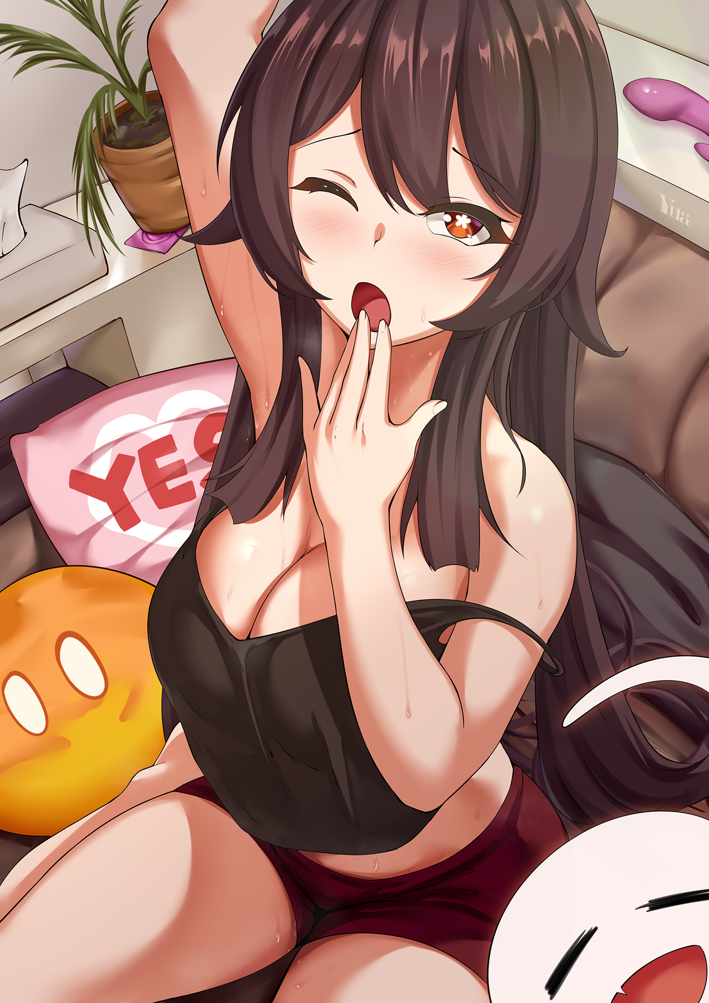1girls, alternate breast size, alternate hairstyle, booty shorts, breasts, brown eyes, brown hair, female, genshin impact, hair down, hi res, hu tao (genshin impact), long hair, medium breasts, short shorts, shorts, star-shaped pupils, tank top, thighs, yawning, yua respati