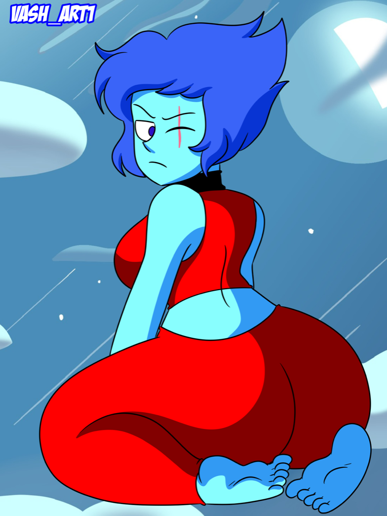 ass blue_body blue_eyes blue_hair blue_nails blue_skin huge_ass lapis_lazuli_(steven_universe) large_ass looking_at_viewer looking_back navel necklace one_eye_closed pants red_pants red_topwear scar steven_universe topwear vash_art wide_hips