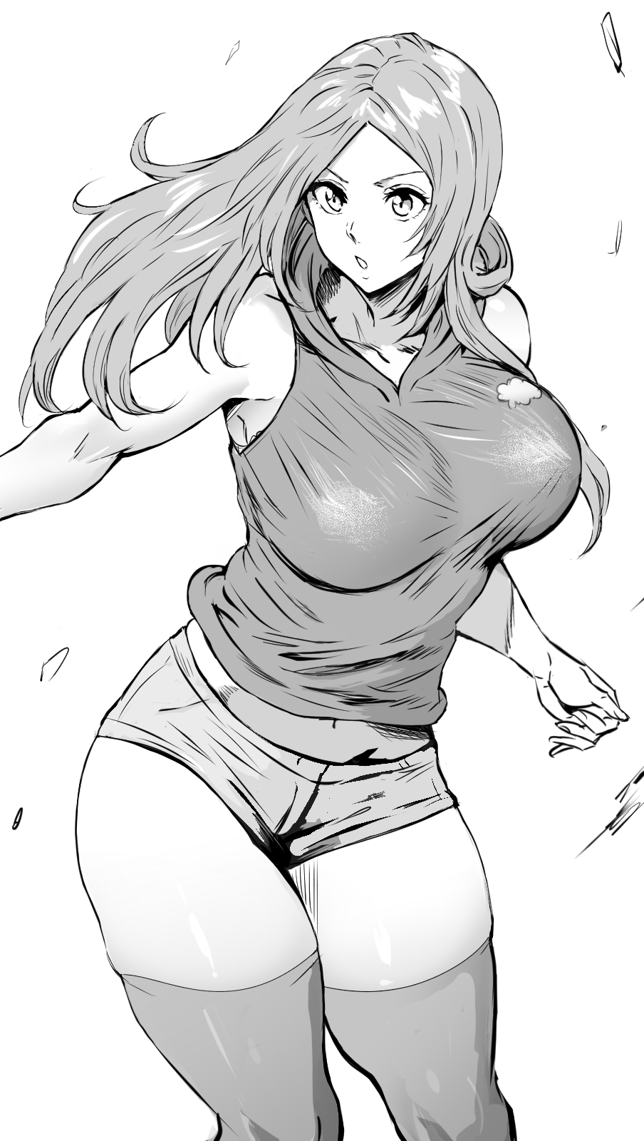 1girls big_breasts bleach bleach:_the_thousand-year_blood_war breasts busty curvy daraz18aka female female_only fully_clothed greyscale inoue_orihime long_hair short_shorts solo thick_thighs thighhighs voluptuous