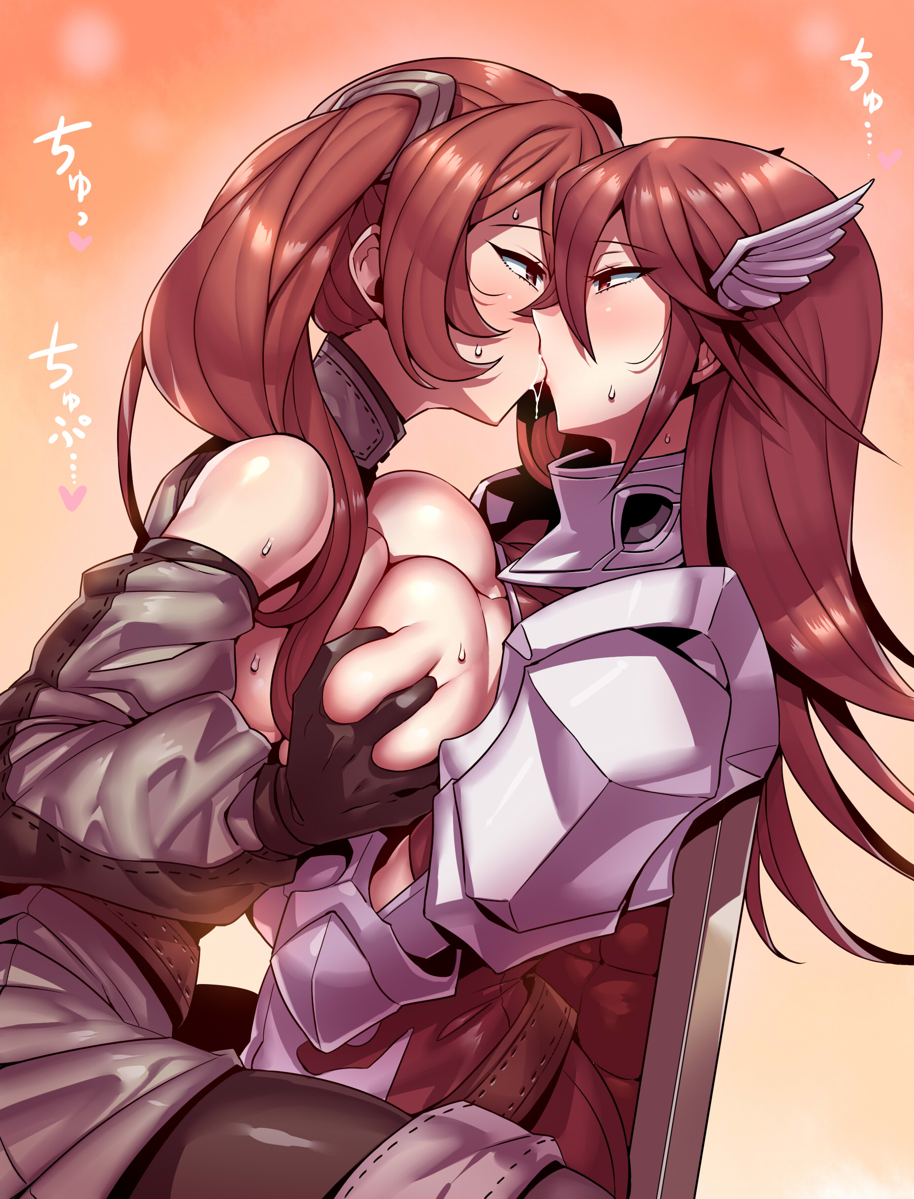 2girls, absurdres, armor, asymmetrical docking, belt, breast press, breasts, breasts out, chair, commission, cordelia (fire emblem), daughter, detached sleeves, drooling, female, female only, fire emblem, fire emblem awakening, gloves, groping, hair between eyes, hair ornament, highres, incest, kiss, kissing, large breasts, long hair, looking at another, milf, mother, mother and daughter, multiple females, multiple girls, nintendo, orange background, pantyhose, partially undressed, red body, red eyes, red hair, saliva, saliva trail, severa (fire emblem), shoulder armor, simple background, sitting, sitting on lap, skeb commission, sound effects, thighs, tsuki wani, tukiwani, twintails, wing hair ornament, yuri