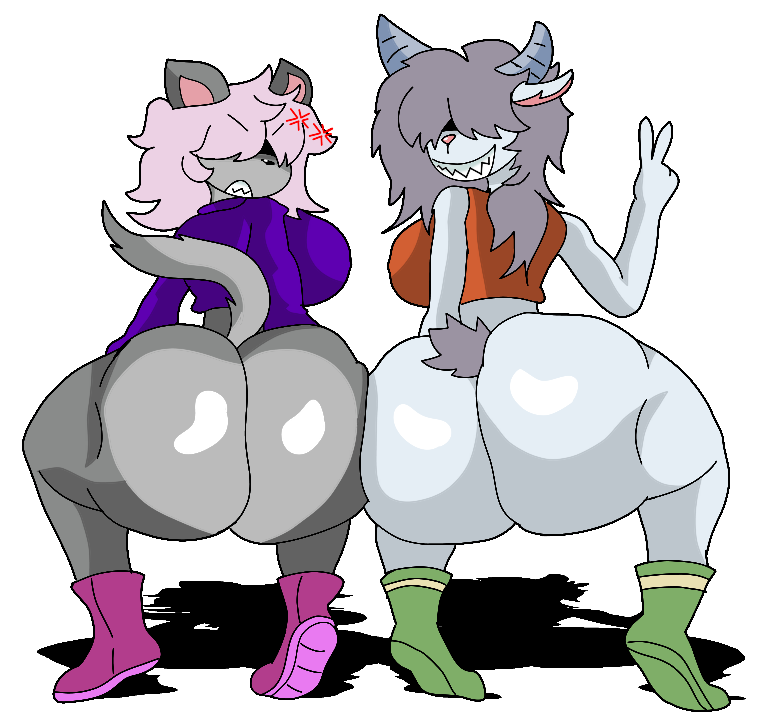 2girls anthro anthro_only domestic_cat domestic_goat feline female female_only furry furu_flami goat gray_fur huge_ass huge_breasts no_panties no_pants tail twerkoff white_background white_fur