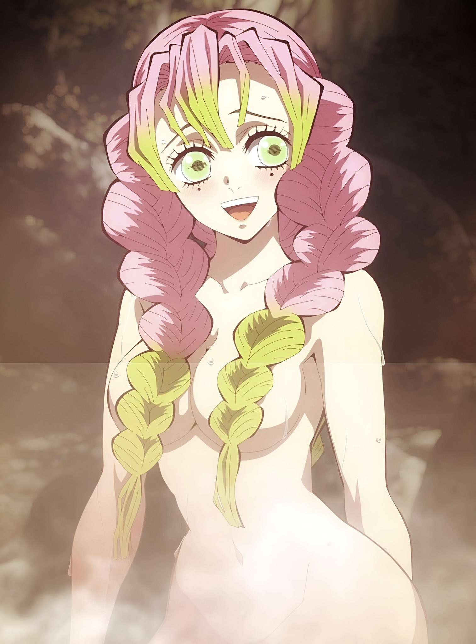1girls, bath, breasts, canonical scene, censored, cleavage, convenient censoring, demon slayer, female, female only, green eyes, kanroji mitsuri, kimetsu no yaiba, long hair, multicolored hair, naked, nude, official art, onsen, pink hair, pink-haired female, tagme