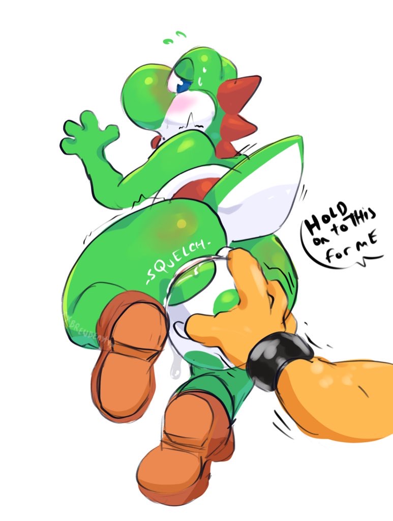 ambiguous_gender anthro ass blush bodily_fluids bowser bracelet clothing disembodied_hand duo egg egg_insertion footwear green_body jewelry koopa male_only mario_(series) nintendo rear_view scalie shoes simple_background tongue tongue_out white_background xxbrewbeastxx yoshi yoshi_egg