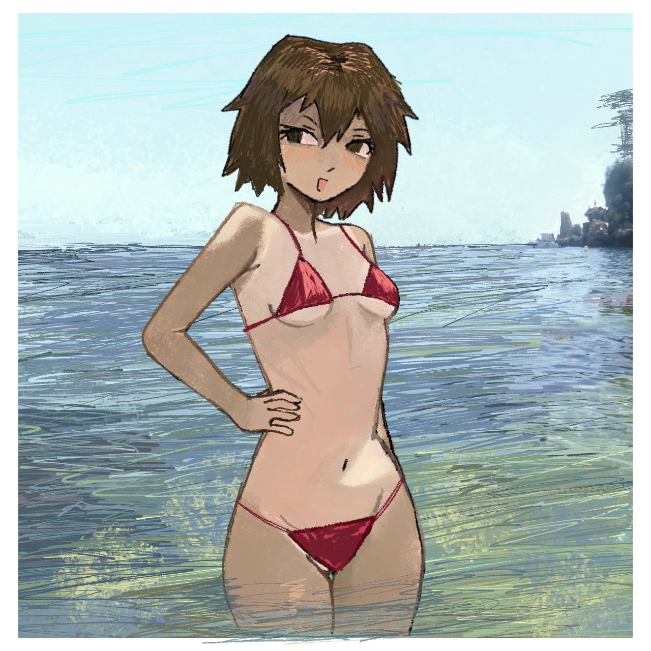 alternate breast size, artist request, azumanga daiou, beach, bikini, breasts, brown hair, female, kagura (azumanga daiou), no penetration, no sex, small breasts, tan body, water, white background