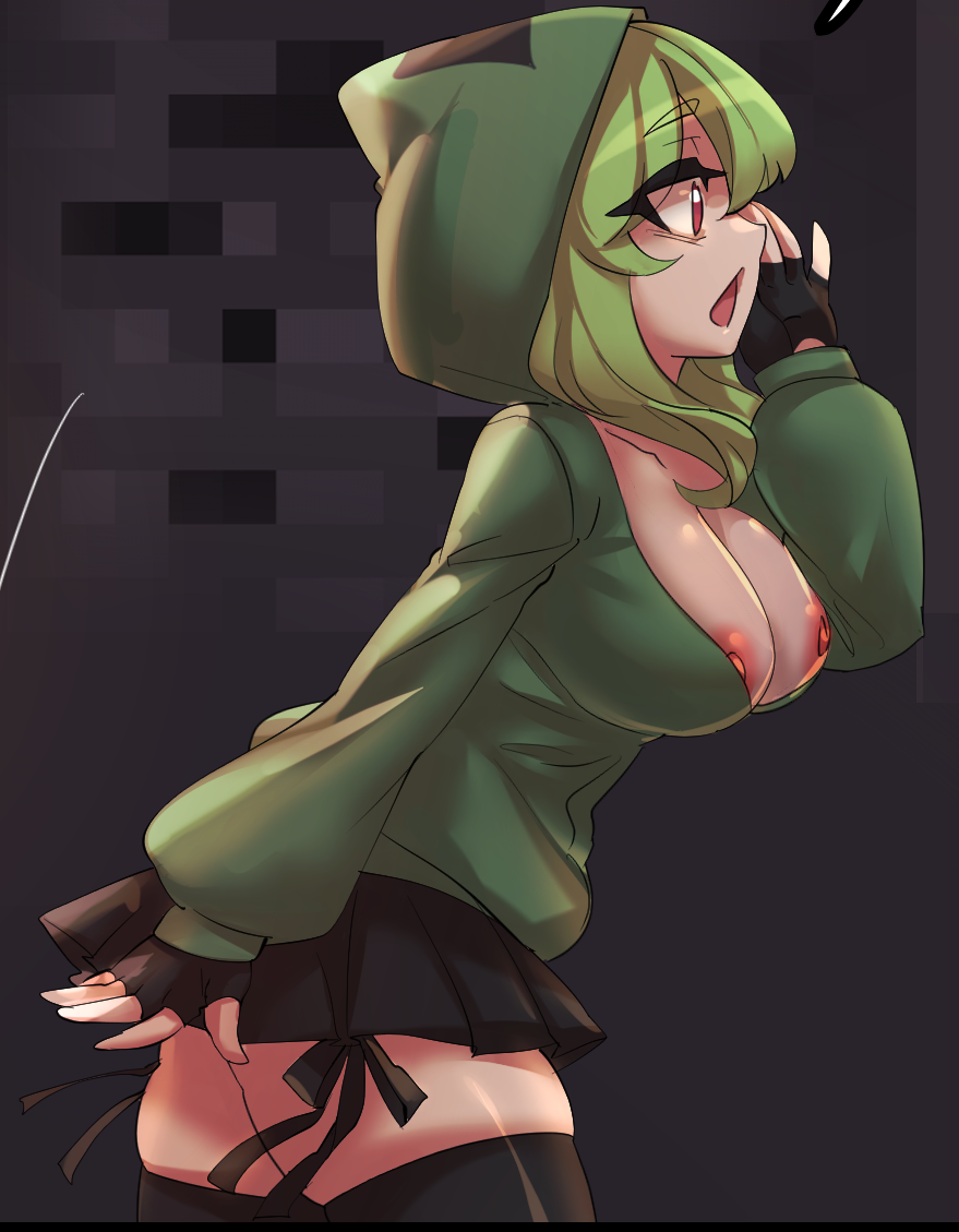 1girls cleavage creeper creeper-chan creeper_girl female female_focus female_only gloves green_hair legwear merryweather minecraft mob_talker nipple_slip nipples red_eyes skirt tagme