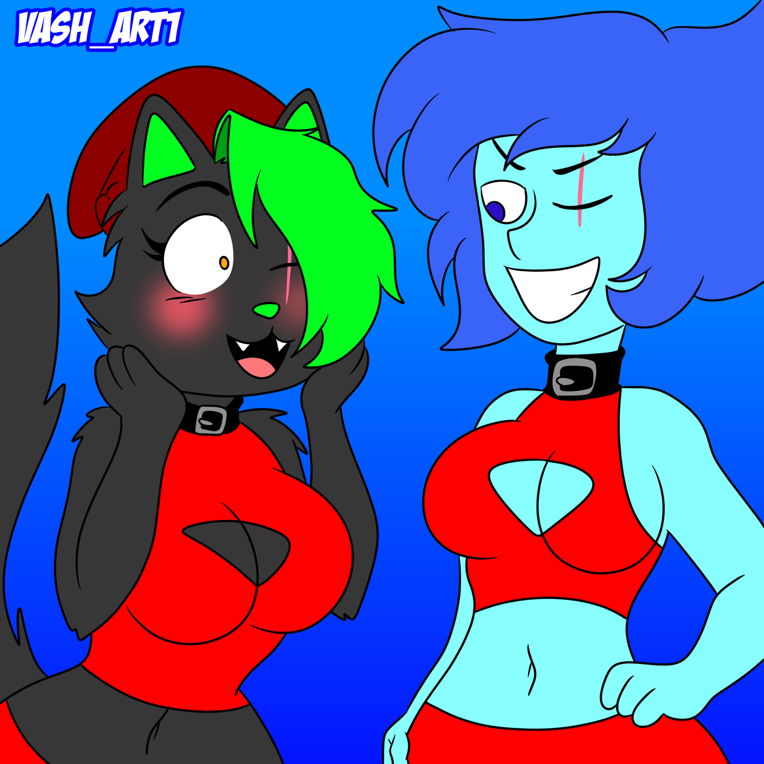 blue_body blue_eyes blue_hair blue_skin boob_window breasts furry fursona lapis_lazuli_(steven_universe) large_breasts navel necklace one_eye_closed original_character pants red_pants red_topwear scar scratchy_(vash_art) smile smiling steven_universe topwear vash_art wide_hips