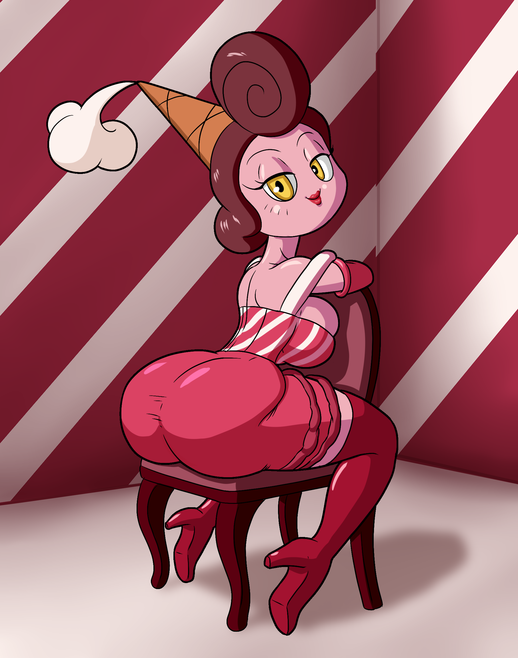 1girls, alternate version available, ass, baroness von bon bon, big ass, big breasts, big butt, breasts, brown hair, bubble ass, bubble butt, clothed, clothing, cuphead (game), dress, fat ass, female, female focus, female only, high heel boots, high heels, humanoid, looking at viewer, pink body, pink skin, sitting, sitting on chair, skirt, tansau, the cuphead show, thick thighs, yellow eyes