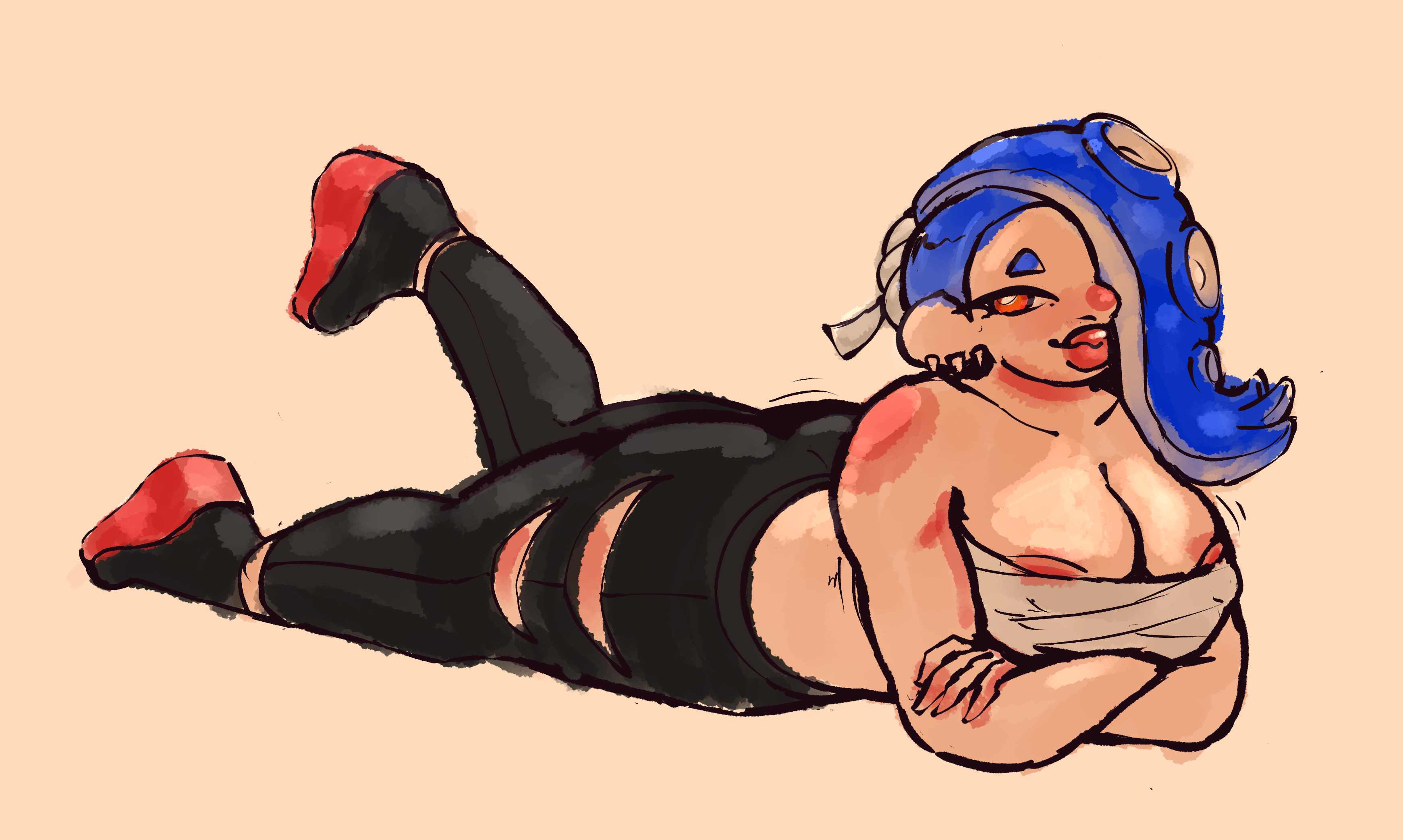 1girls, alternate breast size, bedroom eyes, big breasts, big lips, breasts, chubby, chubby female, cleavage, female, female focus, female only, laying down, laying on stomach, mostly clothed, nintendo, plump lips, shiver (splatoon), solo, solo female, solo focus, splatoon, splatoon 3, syllabunne, thick thighs, voluptuous