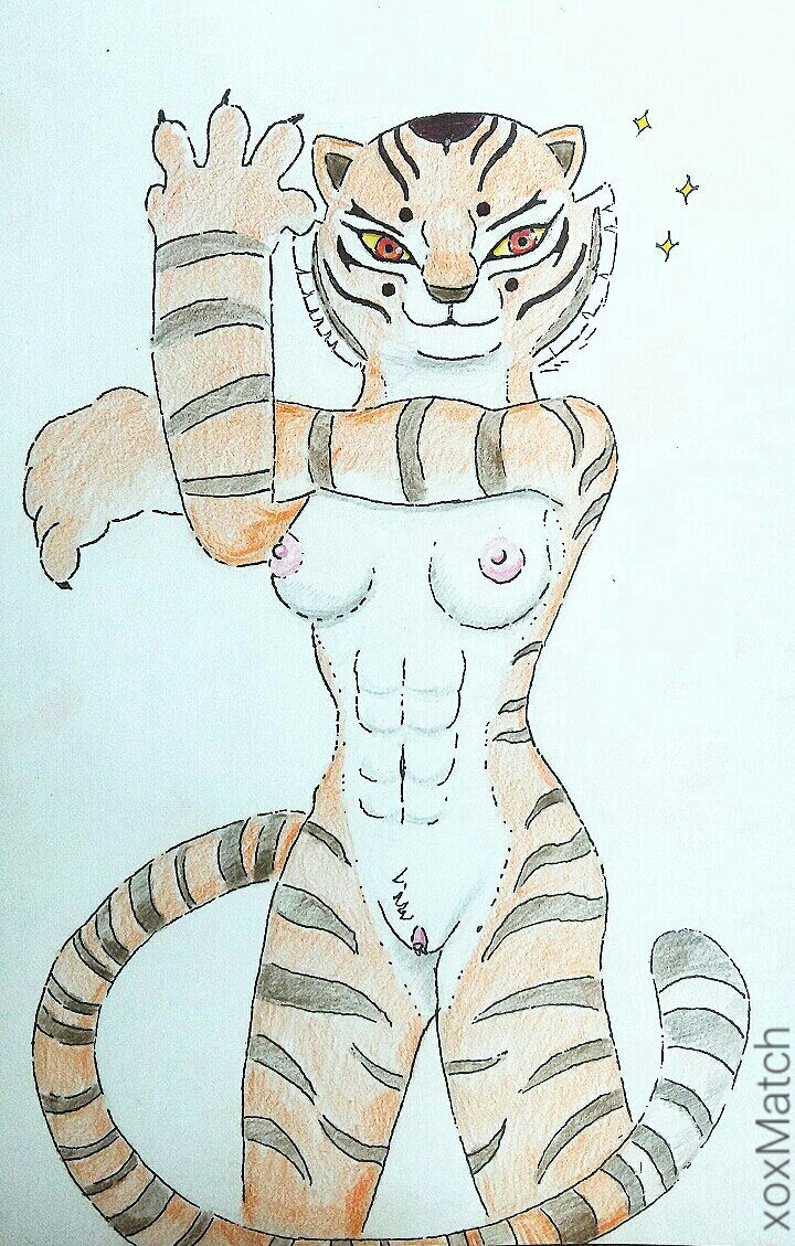 2023 anthro breasts claws dreamworks felid female fur genitals kung_fu_panda mammal master_tigress medium_breasts multicolored_body muscular nude orange_body orange_fur pantherine pose pussy red_eyes signature simple_background smile solo stretching striped_body stripes tail tiger traditional_media_(artwork) two_tone_body xoxmatch_(artist)