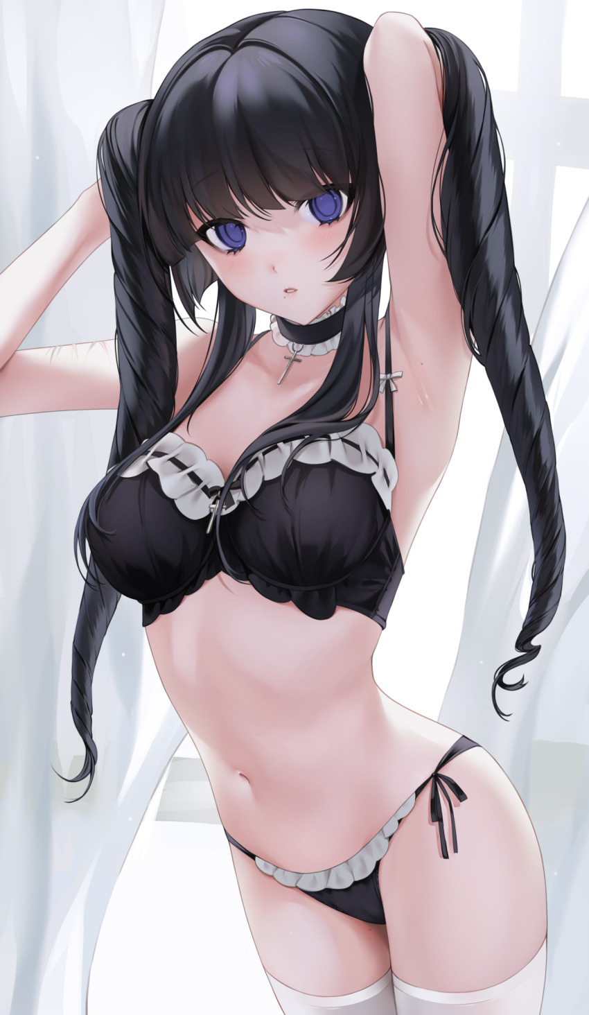 armpits arms_behind_head arms_up bare_arms black_bra black_hair black_panties blush bra breasts choker cowboy_shot cross drill_hair empty_eyes female frilled_bra frilled_choker frilled_panties frills highres long_hair medium_breasts mole mole_on_armpit mole_on_thigh mole_under_mouth navel ompf original panties parted_lips purple_eyes ringlets side-tie_panties sidelocks solo stomach thighhighs twin_drills underwear white_thighhighs