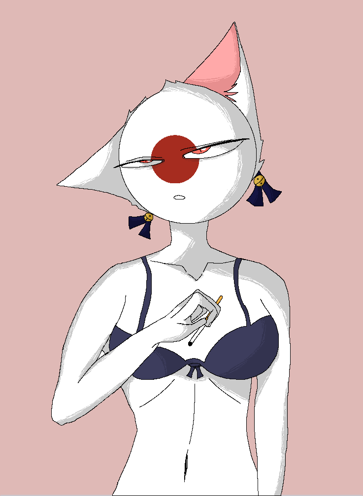 blue_bra bruh cigarette countryhumans countryhumans_girl eyes_half_open japan_(countryhumans) open_mouth pink_background sida