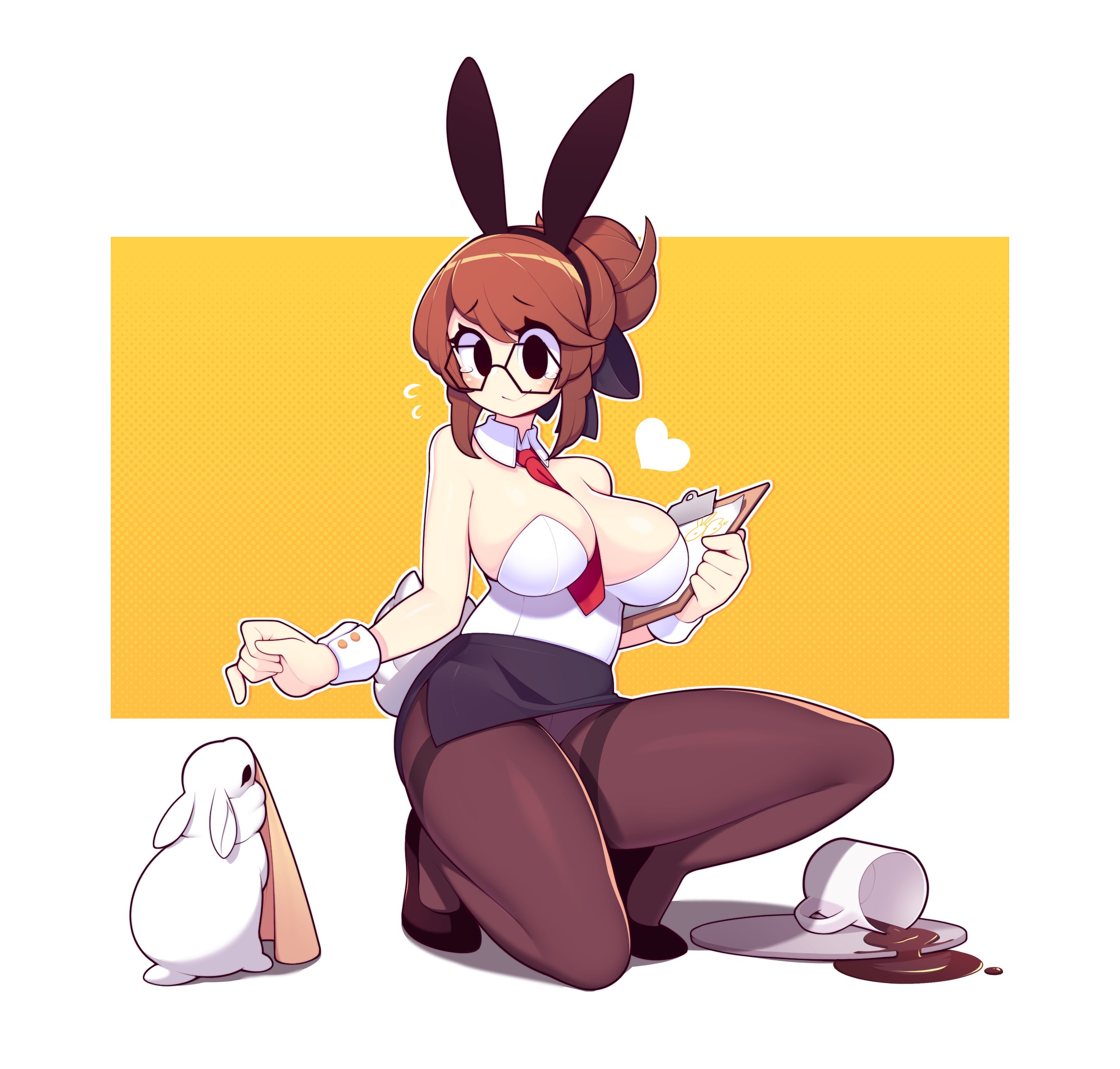 1girls, animal, black eyes, brown hair, bunny, bunny ears, bunny ears (cosmetic), bunny tail, commission, crouching, detached collar, female, female only, fizintine, glasses, heels, hi res, miniskirt, necktie, office lady, pantyhose, skirt, smile, solo, suit, thick thighs, tied hair, wrist cuffs