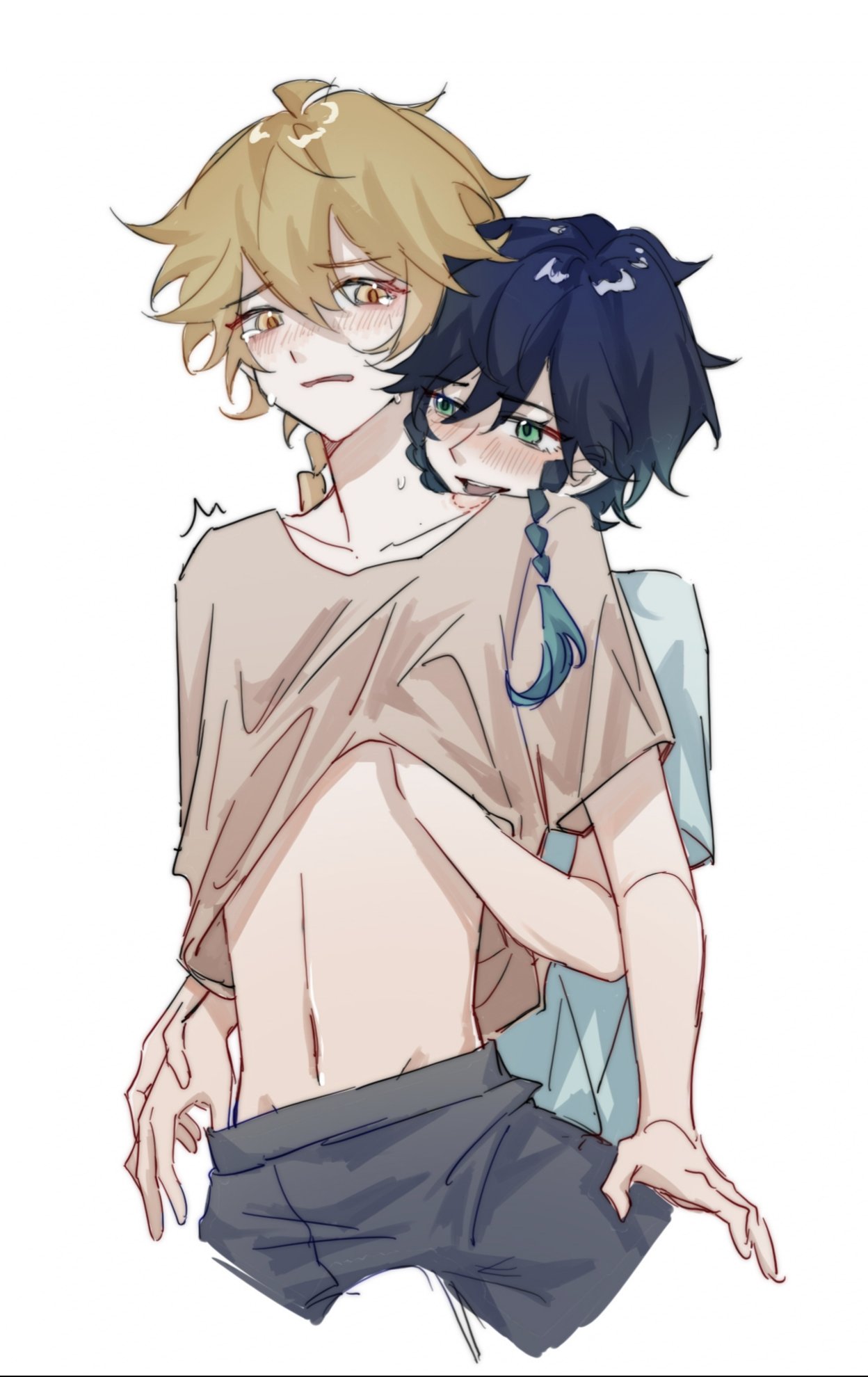 aether (genshin impact), bite mark, blonde hair, dark hair, dominant male, femboy, genshin impact, hickey, hickey marks, imminent sex, male, male focus, male only, tearing up, venti (genshin impact), yachuan mimi, yaoi