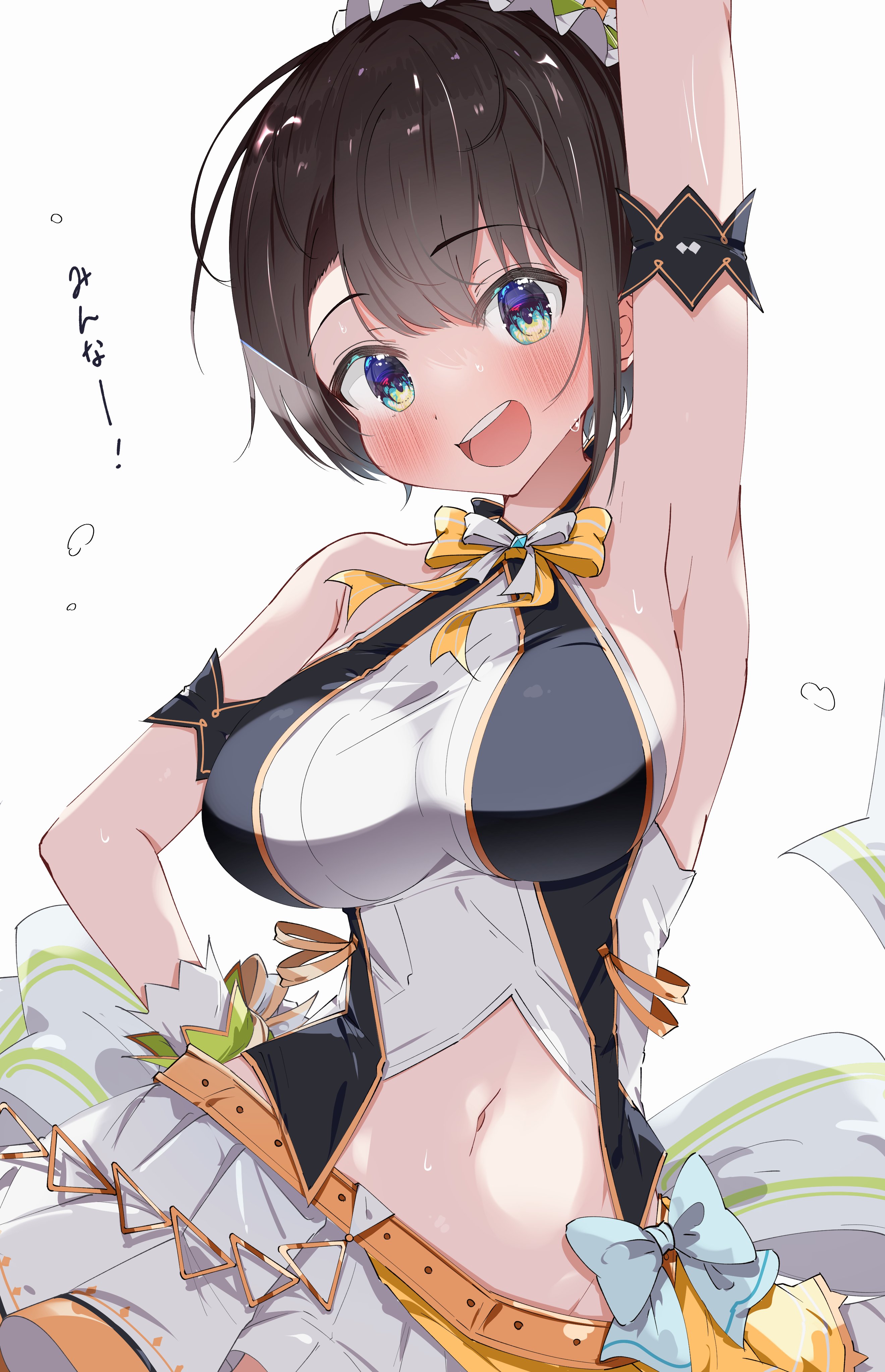 :d, 1girls, aqua eyes, armband, armpit, belly, belly button, big breasts, black hair, blush, blushing at viewer, breasts, clothed, clothed female, crop top, eyebrows, eyebrows visible through hair, eyelashes, female, female only, fully clothed, hi res, highres, hololive, hololive gen 2, hololive japan, japanese text, kc9s, large breasts, looking at viewer, one arm up, oozora subaru, ribbon, ribbons, short hair, simple background, sleeveless, sleeveless topwear, smile, smiling, smiling at viewer, straps, tagme, text, tight clothes, tight clothing, tight fit, topwear, virtual youtuber, white background