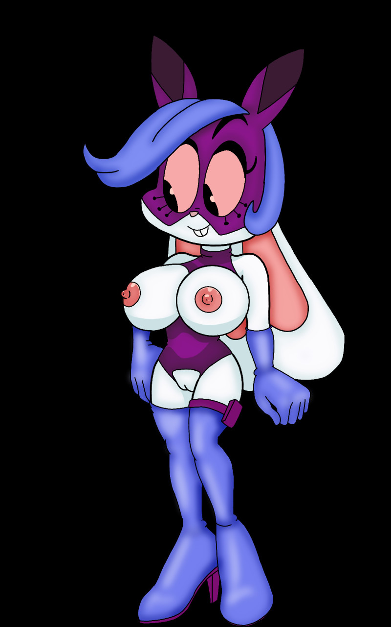 anthro breasts clothing crotchless_clothing danelda dullehan exposed_breasts female footwear genitals gloves hair handwear hi_res high_heels ineffective_clothing lagomorph mammal mask mighty_magiswords nipples purple_hair pussy solo