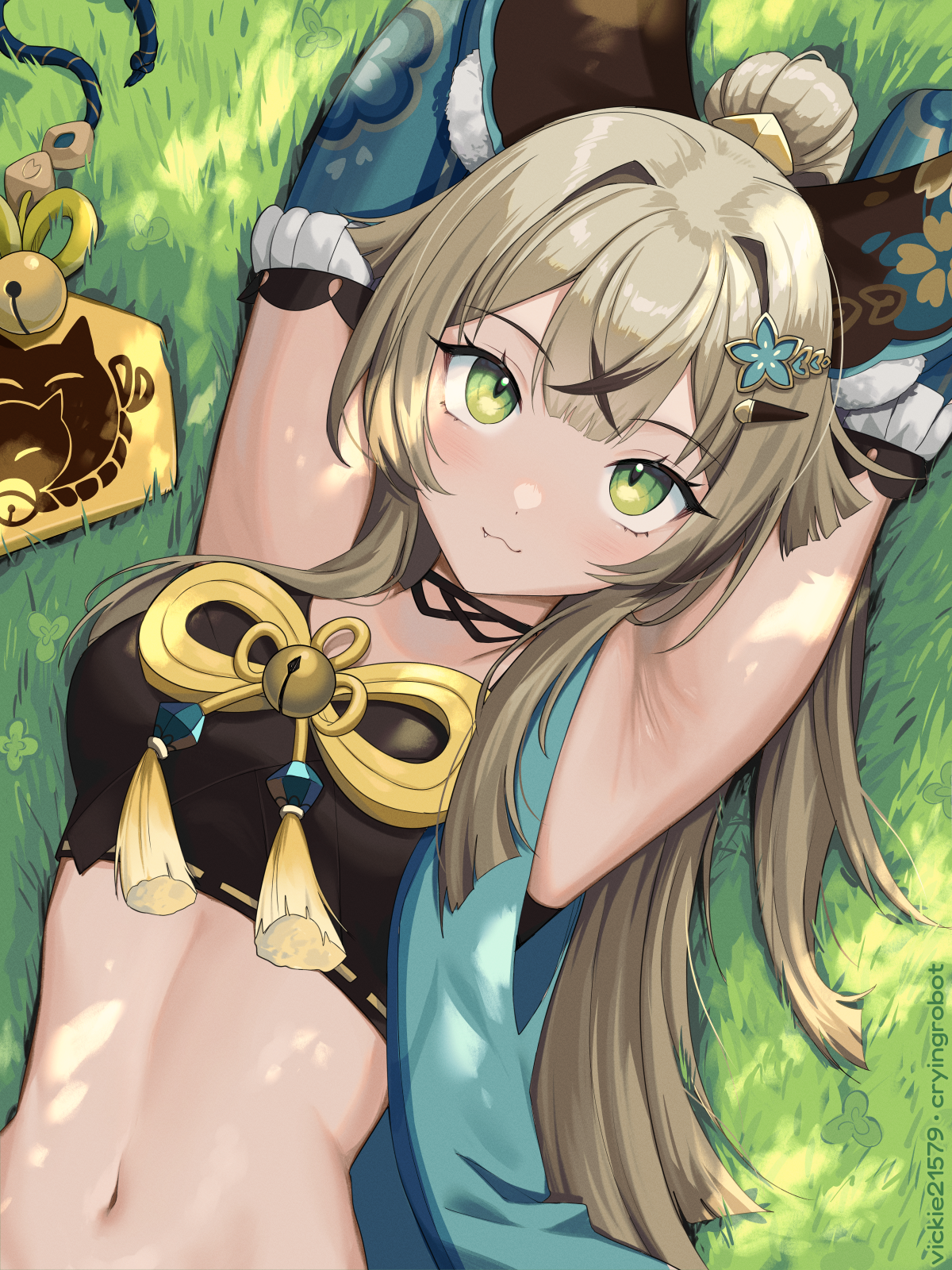 1girls, animal ears, armpits, blonde, blonde female, blonde hair, blonde-haired female, breasts, cat ears, cat girl, catgirl, clothed, cute fang, female, female only, genshin impact, green eyes, green-eyed female, kemonomimi, kirara (genshin impact), long hair, long-haired female, looking at viewer, medium breasts, nekomimi, sole female, tummy