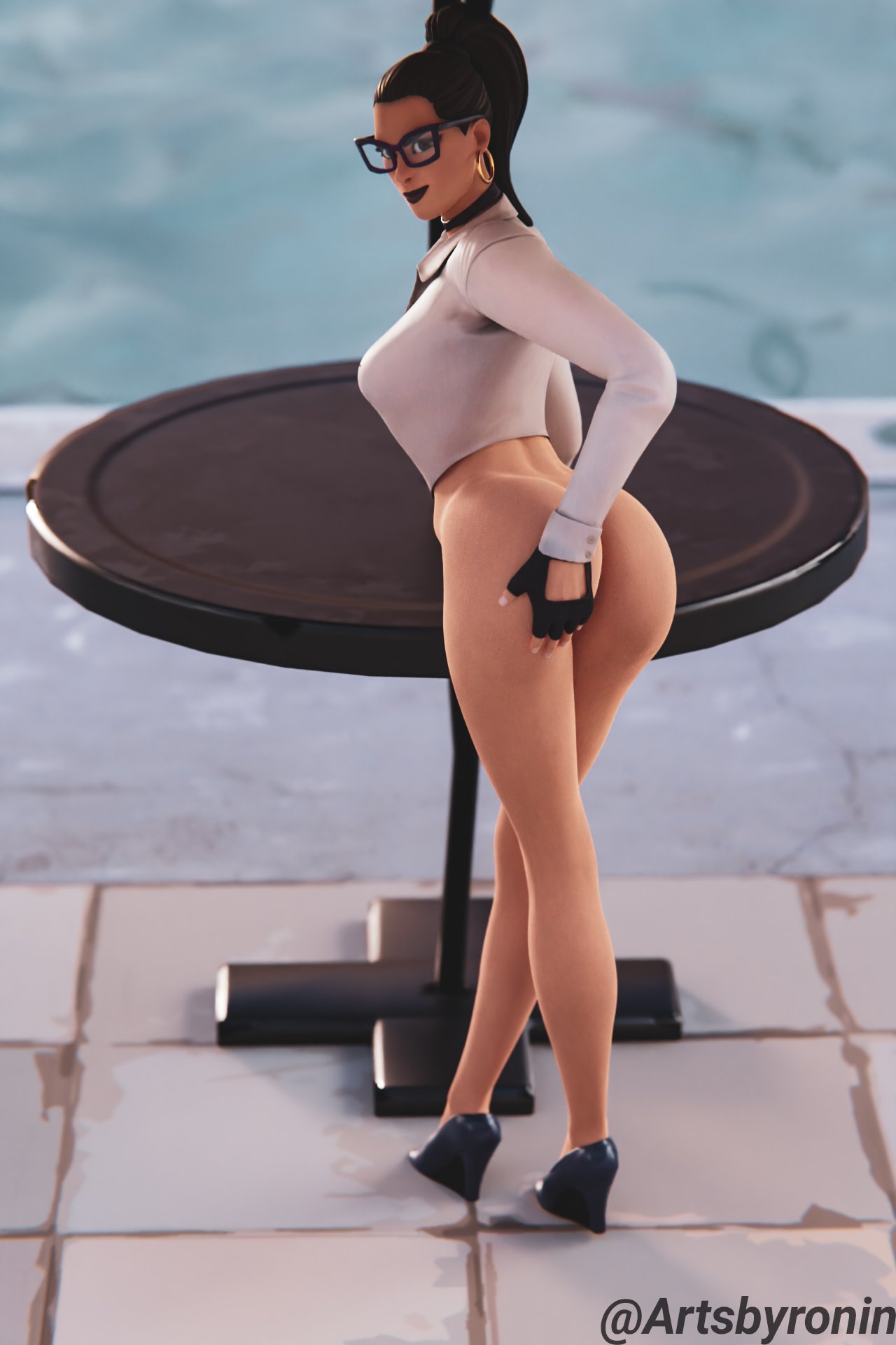 1girls 3d 3d_(artwork) artist_name artsbyronin ass big_ass black_hair black_lipstick blender bottomless choker clothed clothing curvy curvy_body curvy_female curvy_figure ear_piercing earrings female female_only fortnite glasses half-dressed half_naked hand_on_ass horny horny_female hulk_(series) jennifer_walters jennifer_walters_(fortnite) light_skin lipstick looking_at_partner looking_back marvel marvel_comics naughty_face naughty_smile outdoors outside piercing ponytail pose posing presenting presenting_ass rear_view shirt solo standing table thick_ass topwear watermark wedge_heels