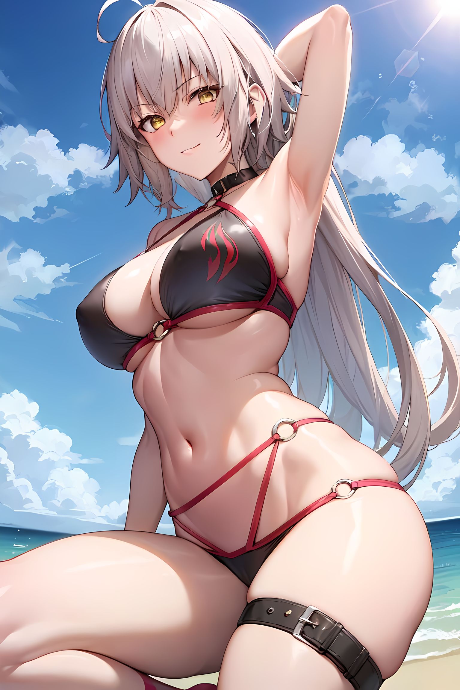 1girls, ai generated, arm behind head, armpits, beach, big breasts, bikini, blush, breasts, busty, cleavage, confident, fate (series), fate/grand order, female, jeanne alter, jeanne alter (swimsuit berserker), light skin, light-skinned female, long hair, looking at viewer, navel, outdoors, pale skin, pale-skinned female, pose, posing, sensual, smile, stable diffusion, thighs, white hair, yellow eyes