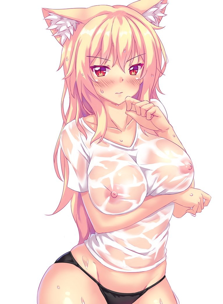 breasts cat_ears looking_at_viewer nottytiffy see-through tiffy tiffynyaa wet_clothing wet_t-shirt white_hair