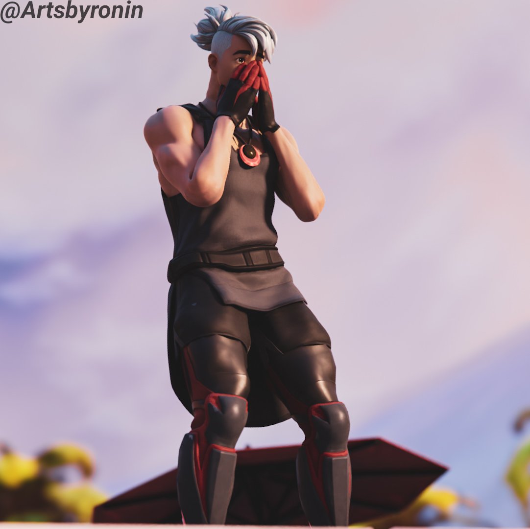 1boy 3d armor artsbyronin blender bottomwear clothed clothing covering covering_mouth faceless_male fortnite legwear light-skinned_male light_skin male male_only muscular muscular_male outdoors outside ponytail ronin_(fortnite) shirt shocked shocked_expression solo solo_focus solo_male standing topwear watermark white_hair