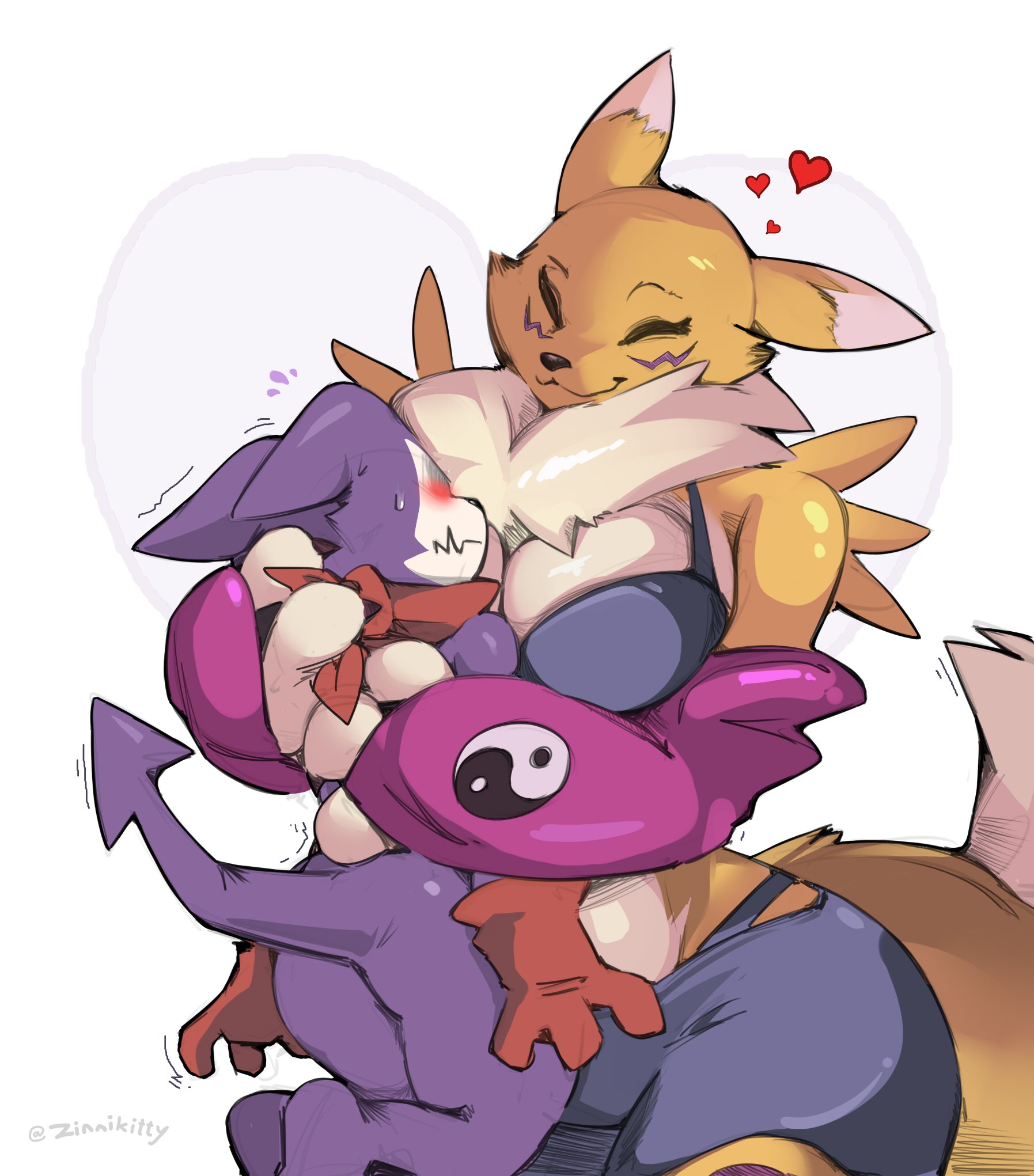 1boy, 1girls, 2023, bigger female, blush, breasts, closed eyes, digimon, digimon (species), female, fox, heart, height difference, hi res, hug, hugging, imp, impmon, larger female, male, mammal, monster boy, renamon, size difference, smaller male, smiling, vixen, white background, wholesome, zinnick