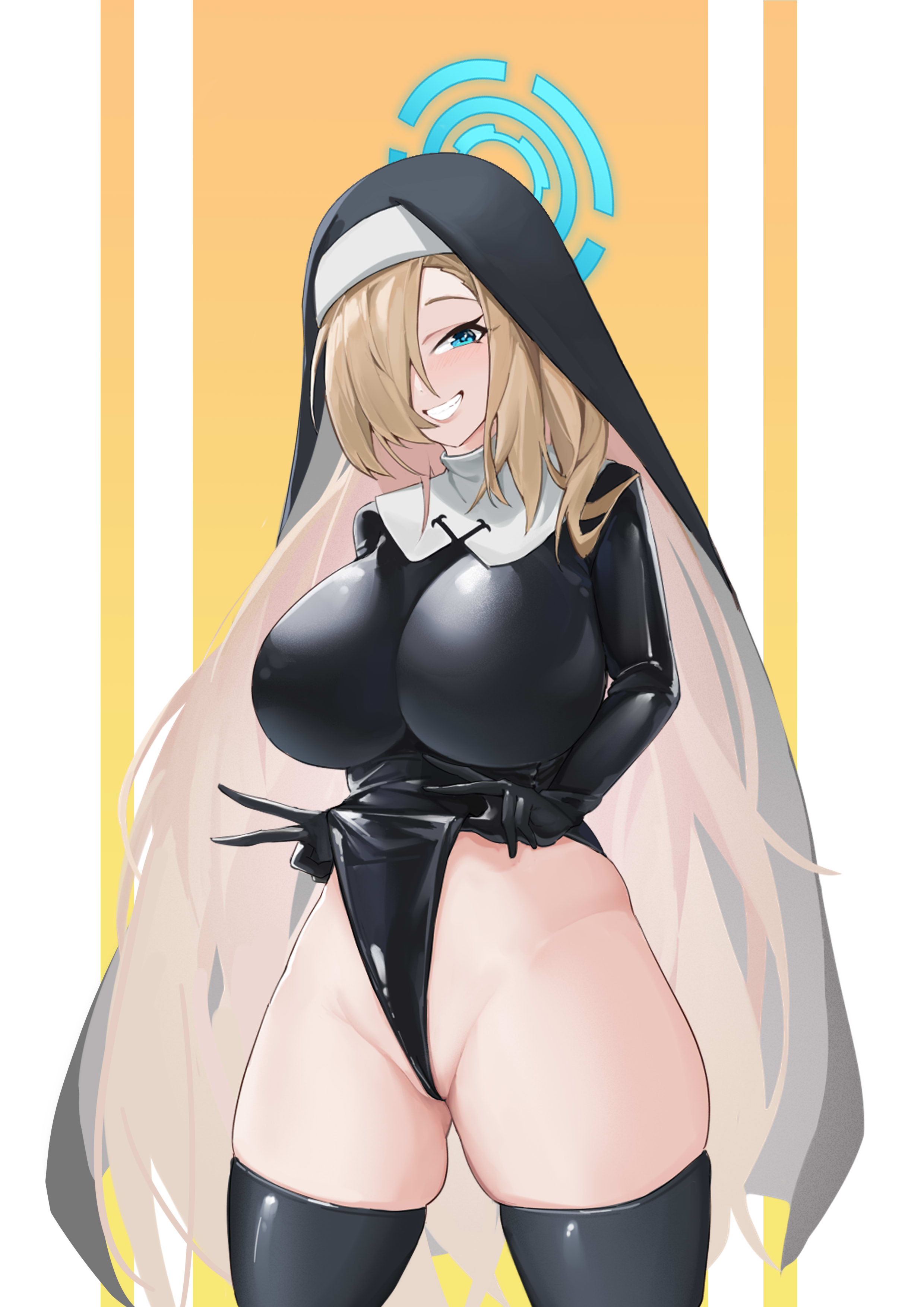 1girls, 2023, absurdres, alternate costume, asuna (blue archive), black headwear, black leotard, black thighhighs, blonde hair, blue archive, blue eyes, blush, breasts, cleaning & clearing (blue archive), female, frontal wedgie, grin, hair over one eye, halo, highleg, highleg leotard, highres, justina follower (blue archive), kplrt (joker0744g), large breasts, latex, latex nun, leotard, leotard pull, light skin, light-skinned female, long hair, millennium science school student, nun, one eye covered, partially visible vulva, pussy, self wedgie, skindentation, smile, smiling, solo, thighhighs, thighs, wedgie