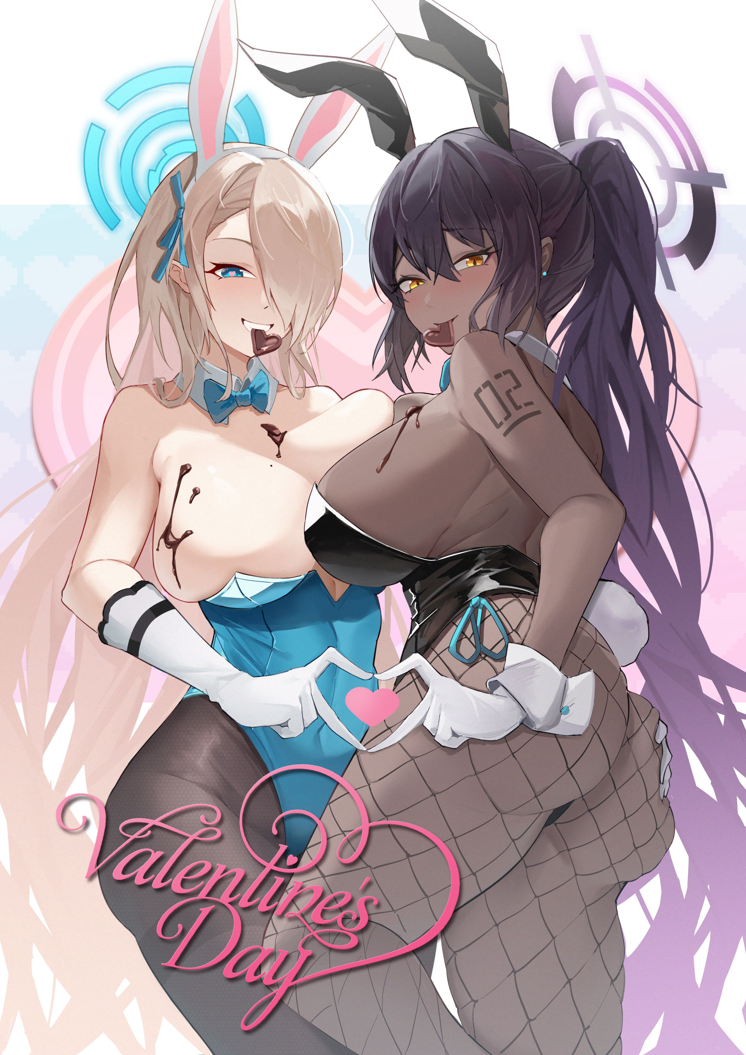 2girls, absurdres, ass, asuna (blue archive), asuna (bunny) (blue archive), bare shoulders, black bunnysuit, black leotard, blue archive, blue bow, blue bowtie, blue bunnysuit, blue eyes, blue leotard, blush, bow, bowtie, breast press, breasts, candy, chocolate, chocolate on body, chocolate on breasts, cleaning & clearing (blue archive), dark skin, dark-skinned female, detached collar, elbow gloves, english text, fake animal ears, fake rabbit ears, fake rabbit tail, fake tail, female, fishnet pantyhose, fishnets, food, food on body, gloves, hair over one eye, hairband, halo, hand on another's ass, heart, heart-shaped chocolate, heart-shaped pupils, highleg, highleg leotard, highres, karin (blue archive), karin (bunny) (blue archive), kplrt (joker0744g), large breasts, leotard, long hair, millennium science school student, mouth hold, multiple females, multiple girls, number tattoo, official alternate costume, one eye covered, pantyhose, parted lips, playboy bunny, ponytail, purple hair, sideboob, smile, strapless, strapless leotard, symbol-shaped pupils, symmetrical docking, tattoo, teeth, thighs, valentine, valentine's day, very long hair, white gloves, white hairband, yellow eyes