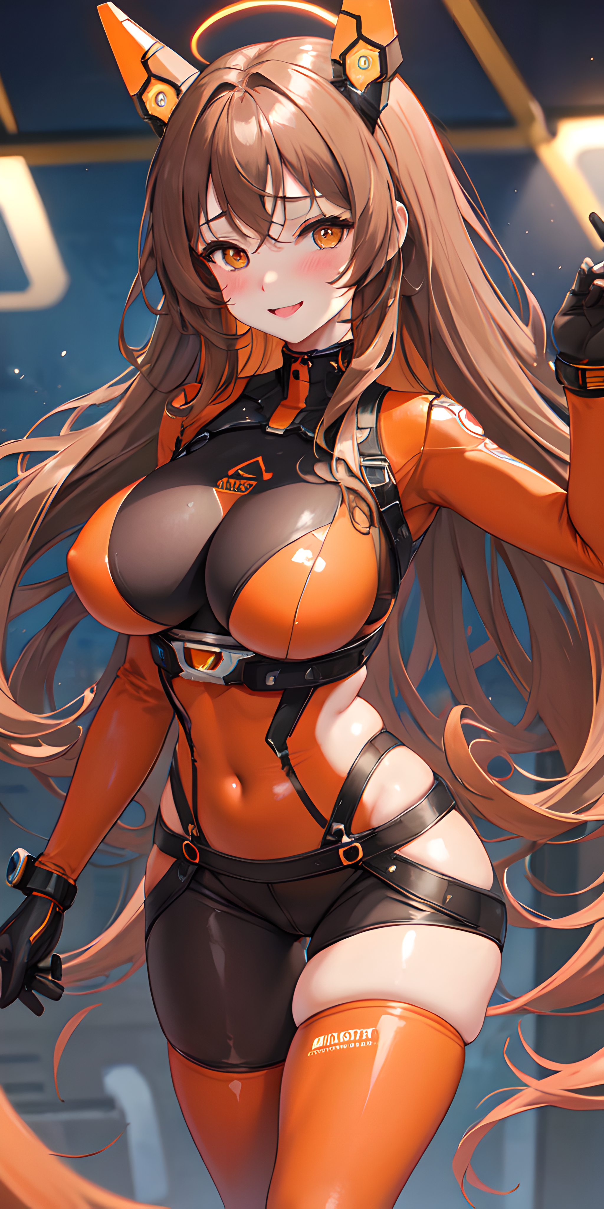 1girls, ai generated, big breasts, blush, bodysuit, breasts, breasts apart, brown hair, female, full body, futuristic, gloves, halo, handwear, headgear, highres, large breasts, latex, latex suit, legwear, long hair, mechanical halo, narrow waist, navel, orange eyes, plugsuit, shiny clothes, shiny hair, smile, smiling, stable diffusion, standing, stockings, suit, thick thighs, thigh gap, thighhighs, thighs, thin waist, wide hips
