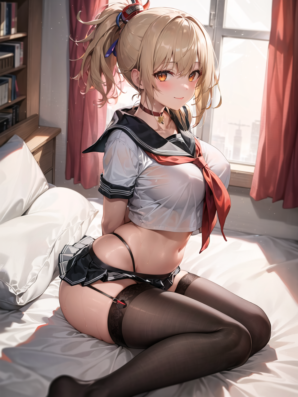 1girls, ai generated, blonde hair, blush, breasts, female, genshin impact, indoors, large breasts, light skin, light-skinned female, medium hair, ponytail, school uniform, schoolgirl, stable diffusion, thighs, yoimiya (genshin impact)