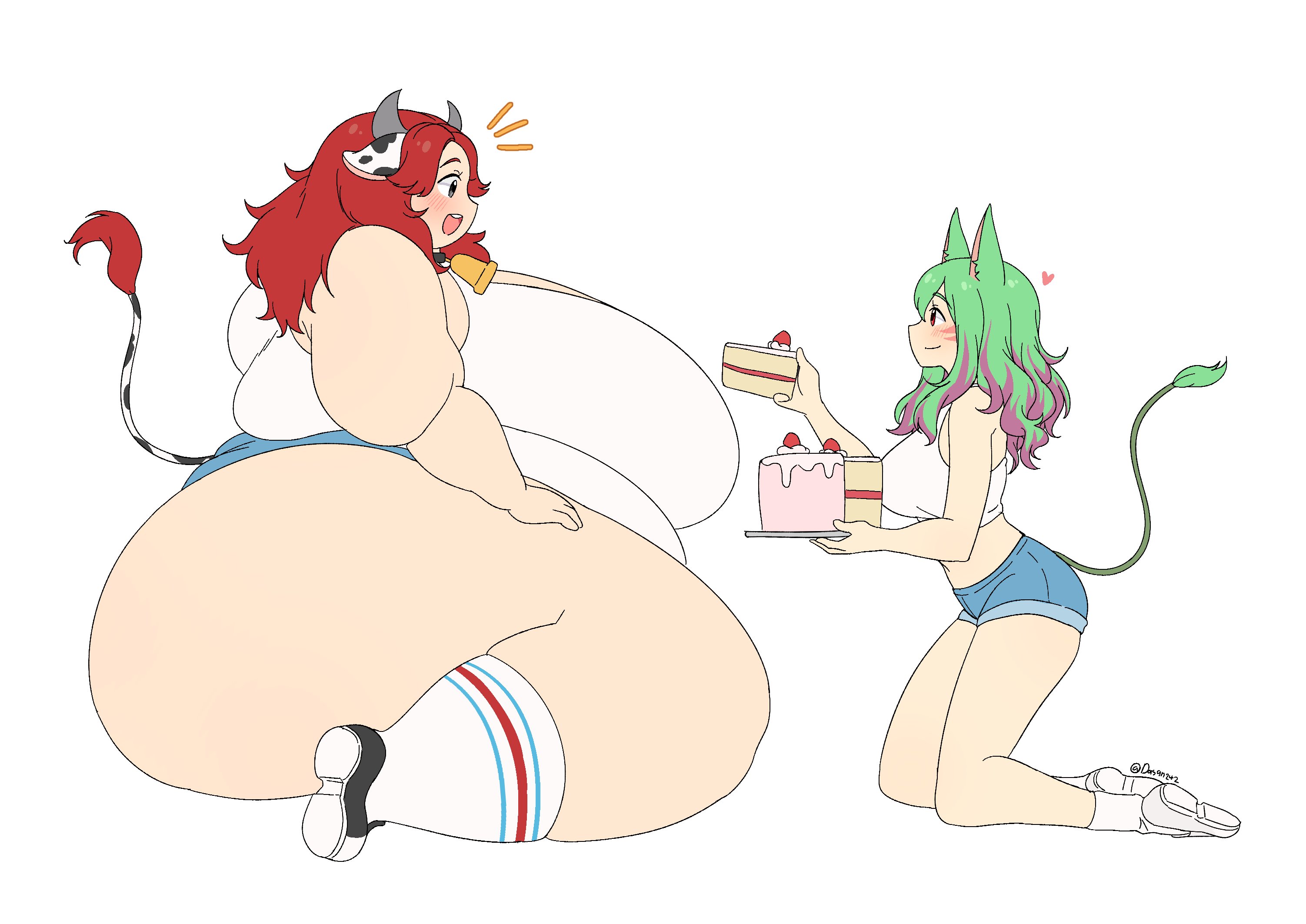 2022, 2girls, ass, ass bigger than head, bbw, bell, big ass, big belly, big breasts, big butt, black shoes, blue shorts, boob window, breasts, breasts bigger than head, cake, cow ears, cow girl, cow horns, cow tail, cowbell, dasan24, digital art, digital drawing (artwork), digital media (artwork), fat, fat arms, fat ass, fat butt, female, female focus, female only, fox ears, fox girl, green eyes, heart, hearts around head, huge ass, huge breasts, huge butt, huge thighs, jean shorts, large ass, large breasts, large butt, light skin, light-skinned female, obese, obese female, overweight, overweight female, red hair, shorts, side view, sideboob, size difference, stockings, thick ass, thick thighs, thighs, white background, white shirt, white shoes, wide ass, wide hips, wide thighs